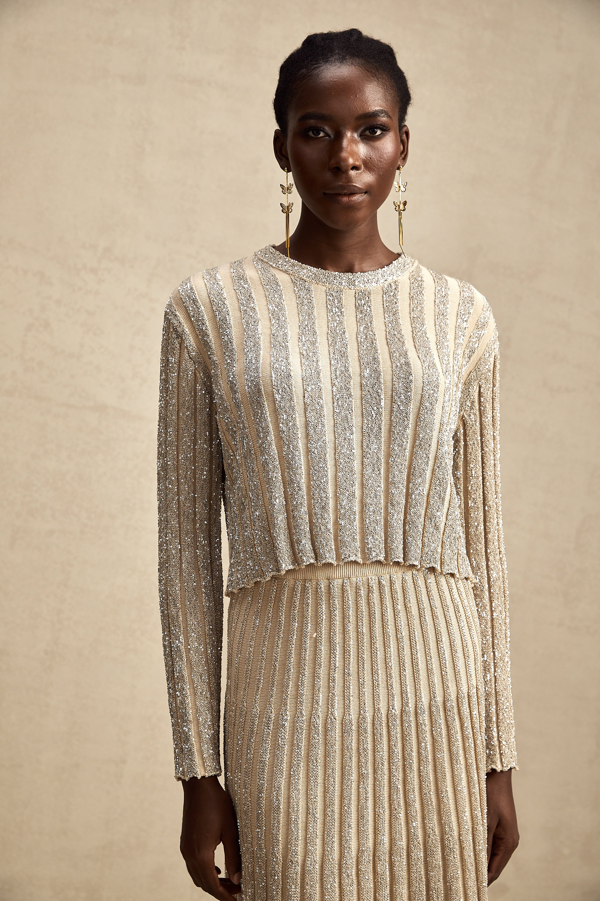 Aurore champagne stripe knit top & skirt matching set