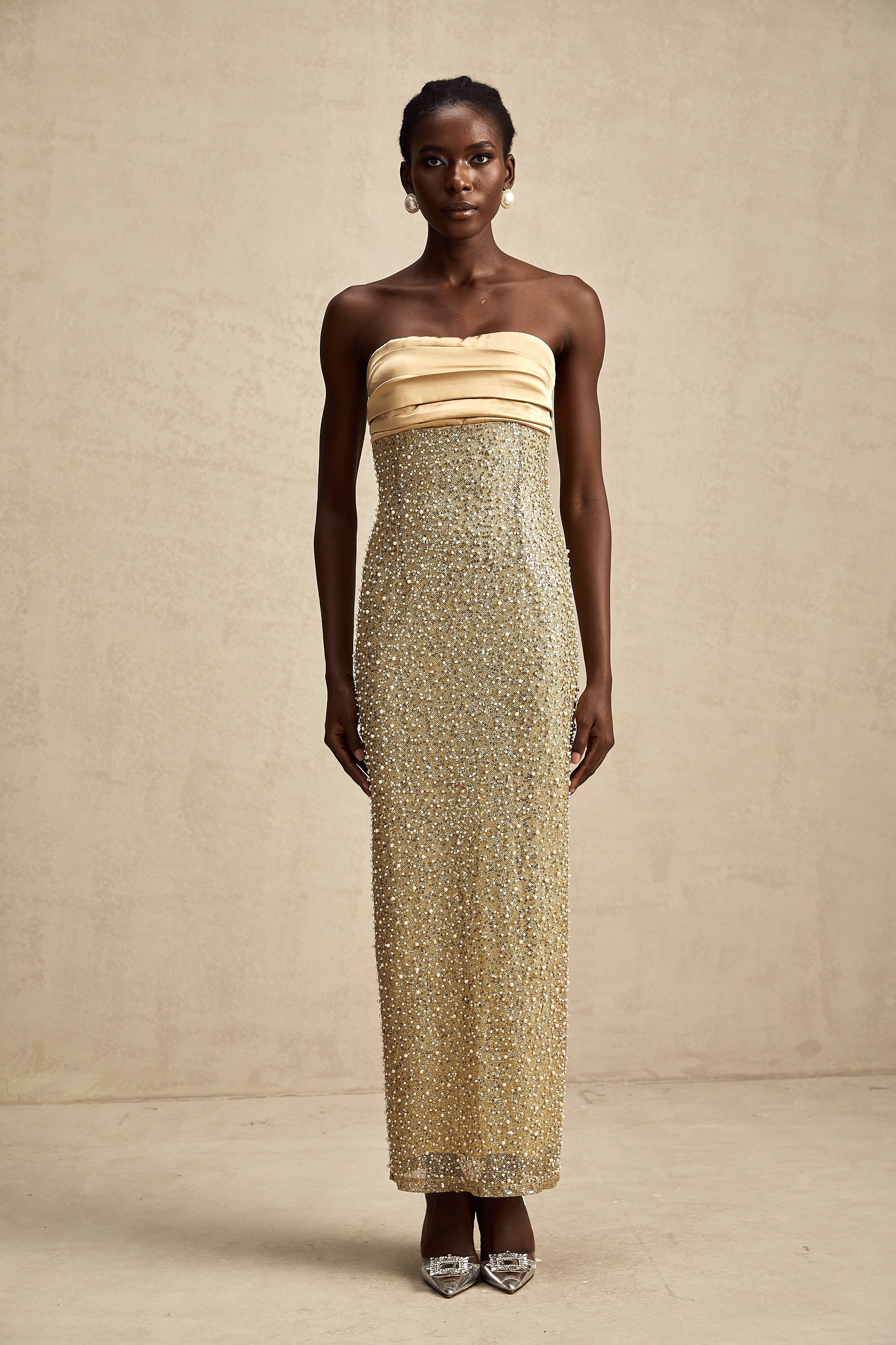 Marguerite gold faux-pearl embellished maxi dress