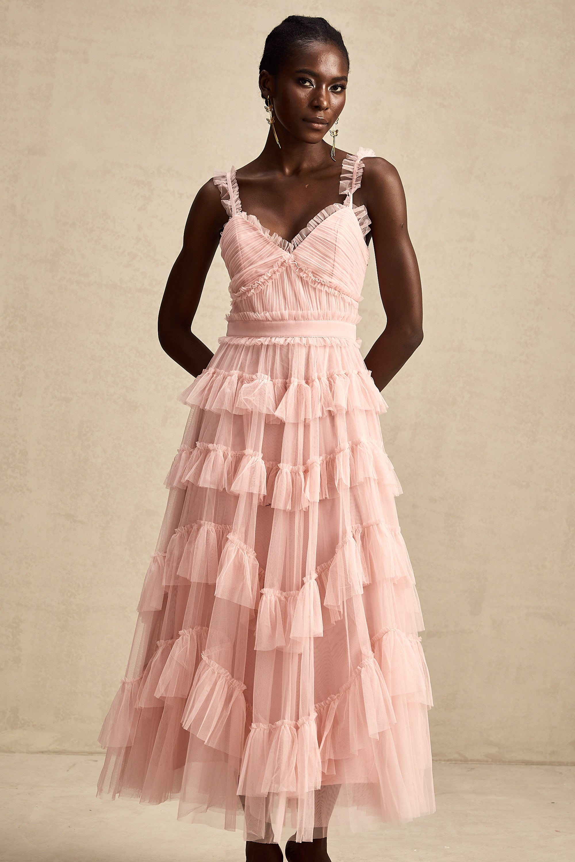 Elvire layered ruffled tulle midi dress