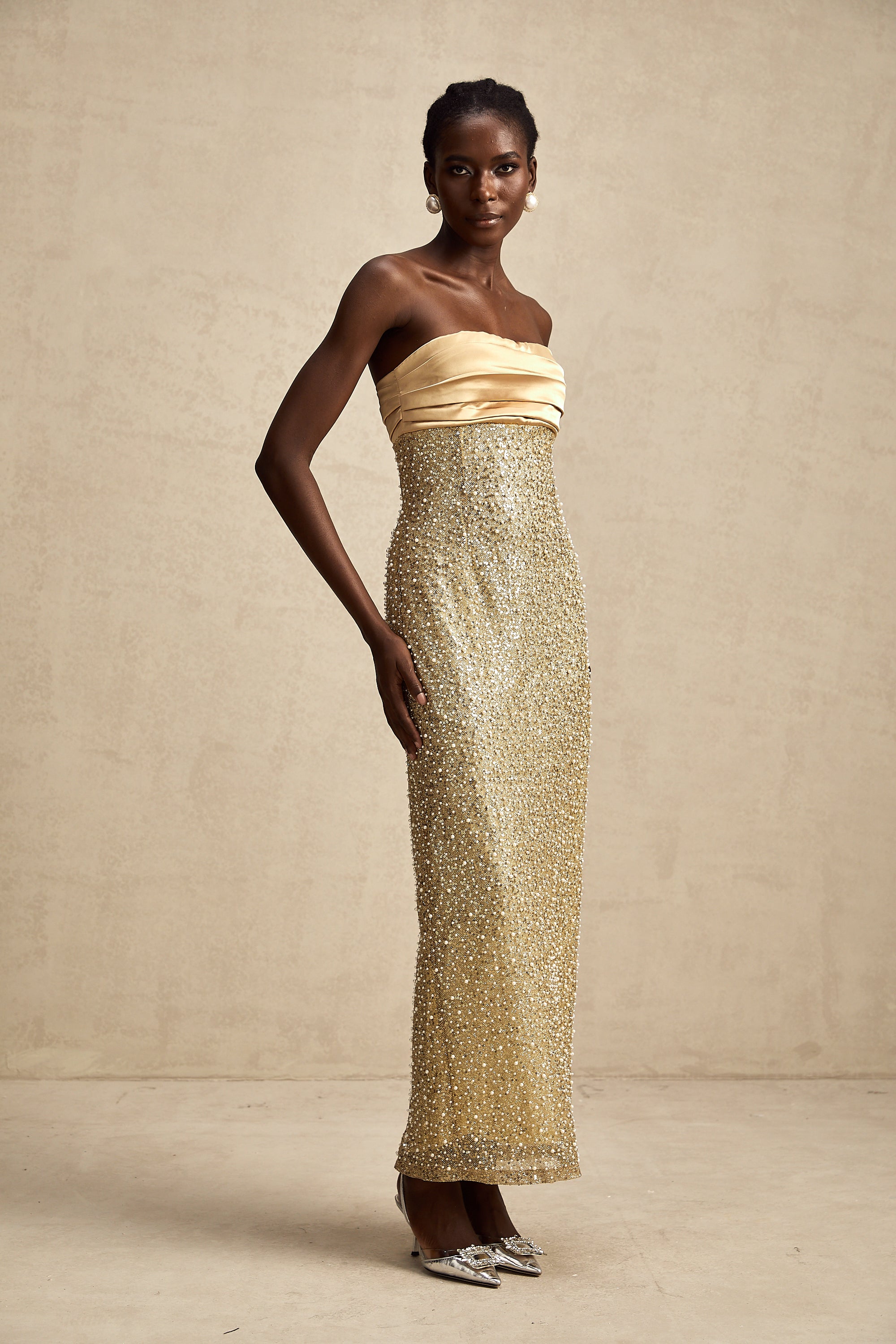 Marguerite gold faux-pearl embellished maxi dress