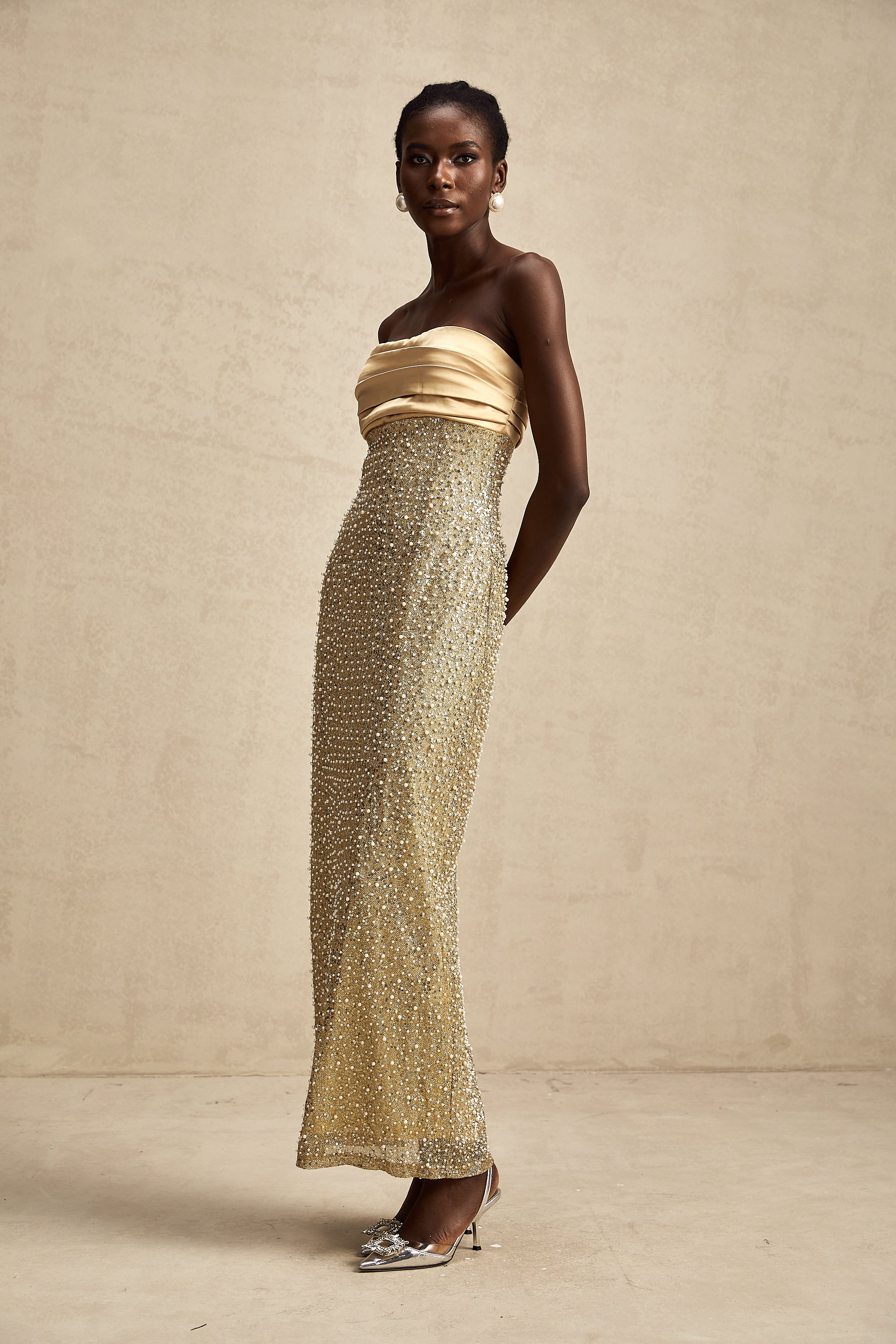 Marguerite gold faux-pearl embellished maxi dress