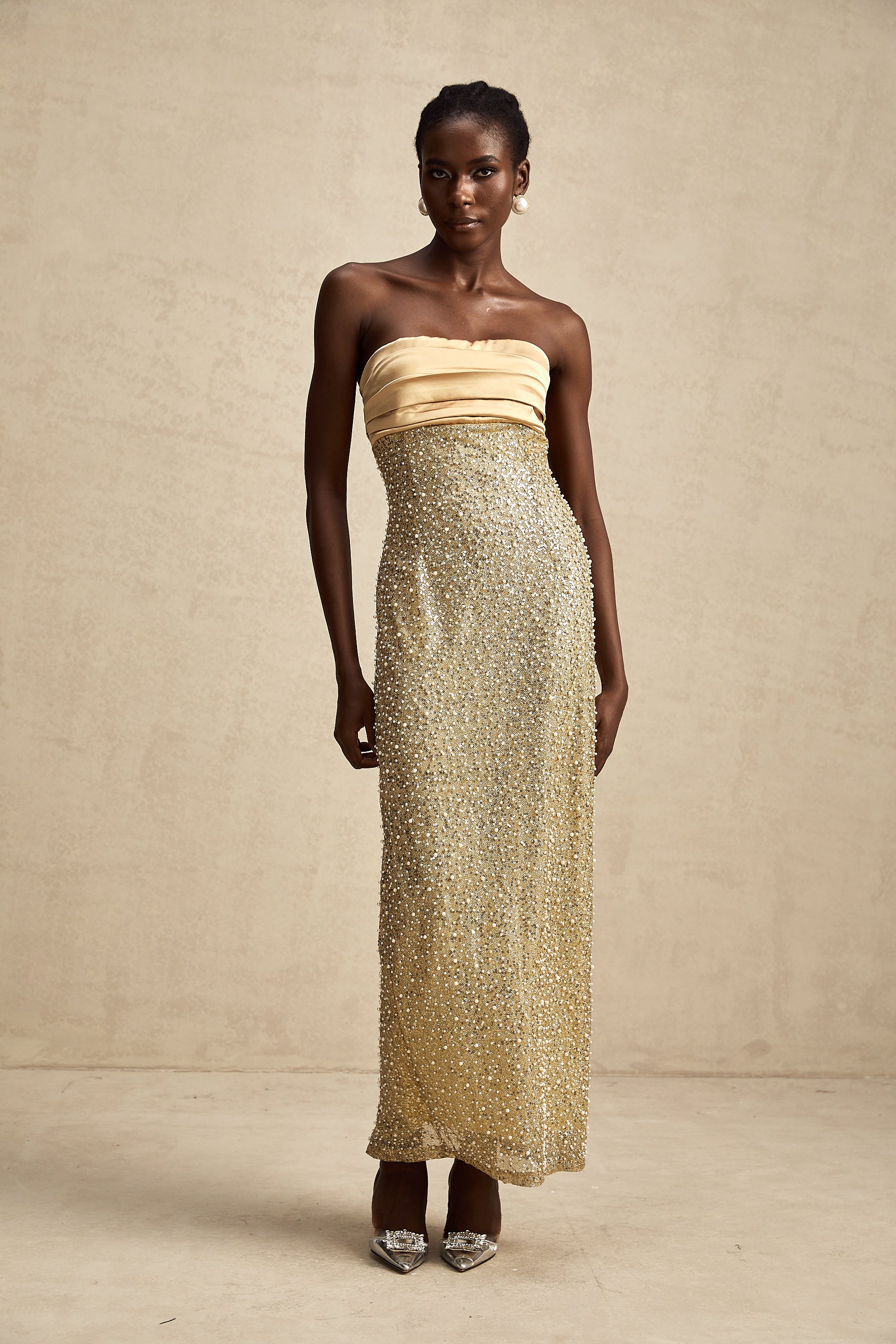 Marguerite gold faux-pearl embellished maxi dress