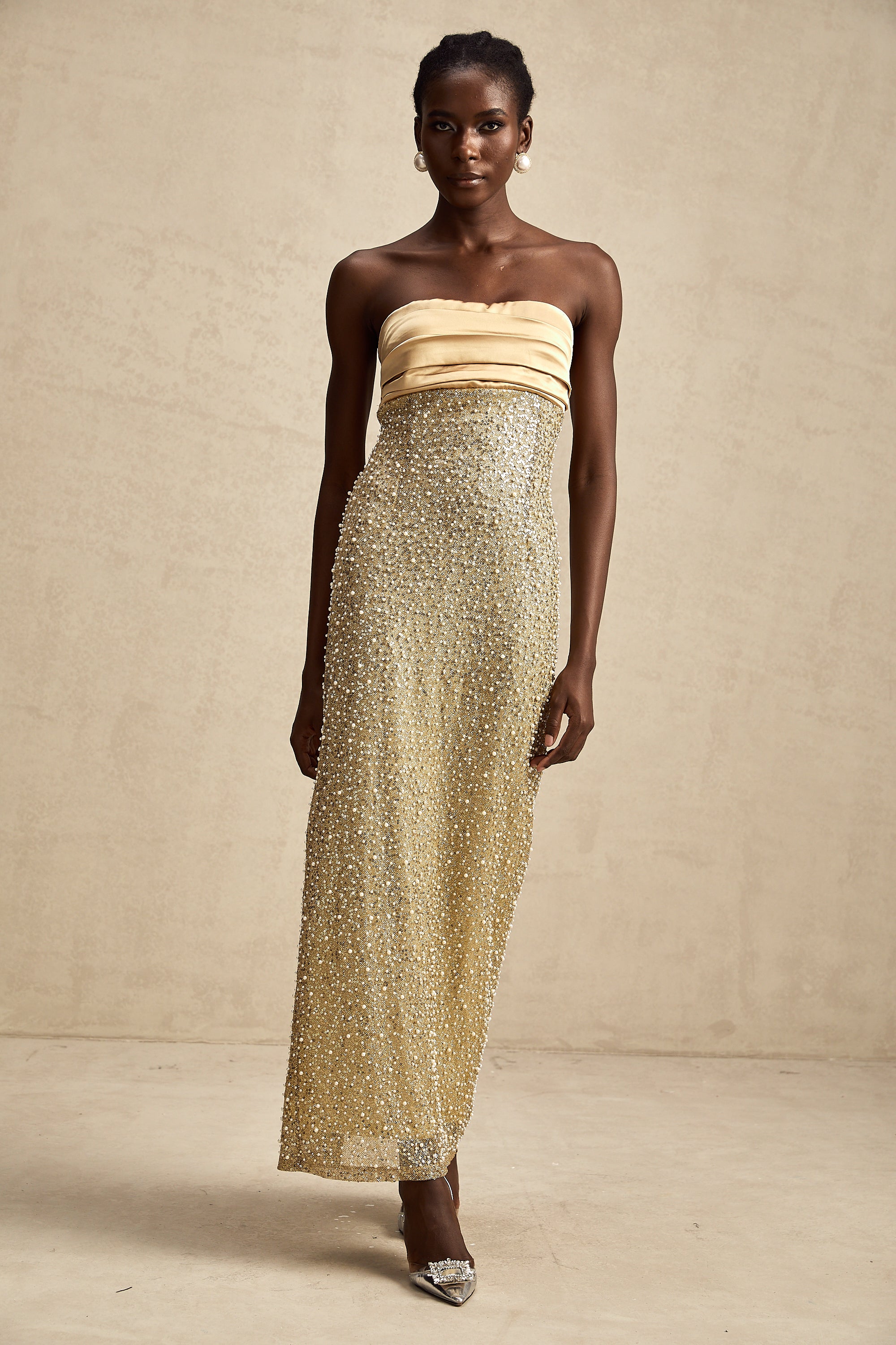 Marguerite gold faux-pearl embellished maxi dress