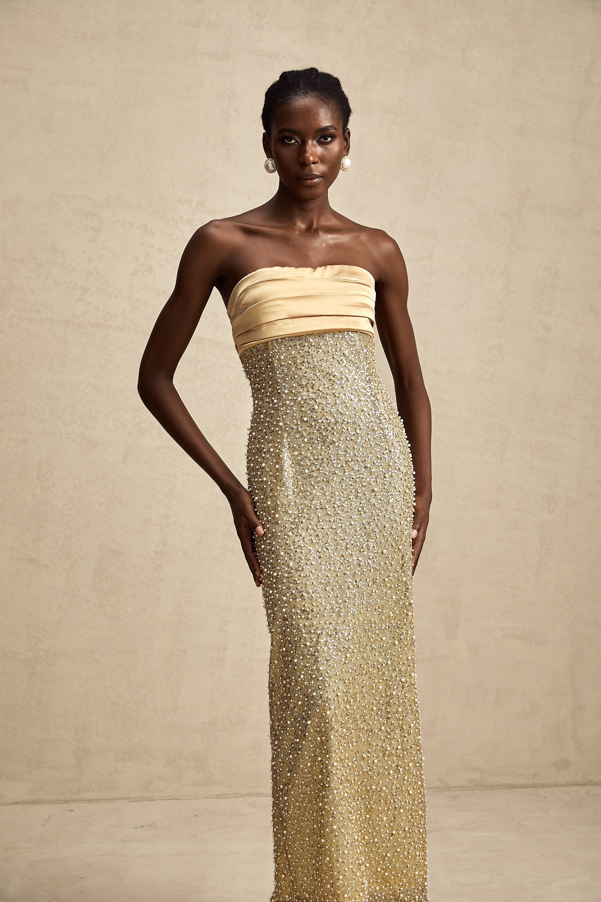 Marguerite gold faux-pearl embellished maxi dress