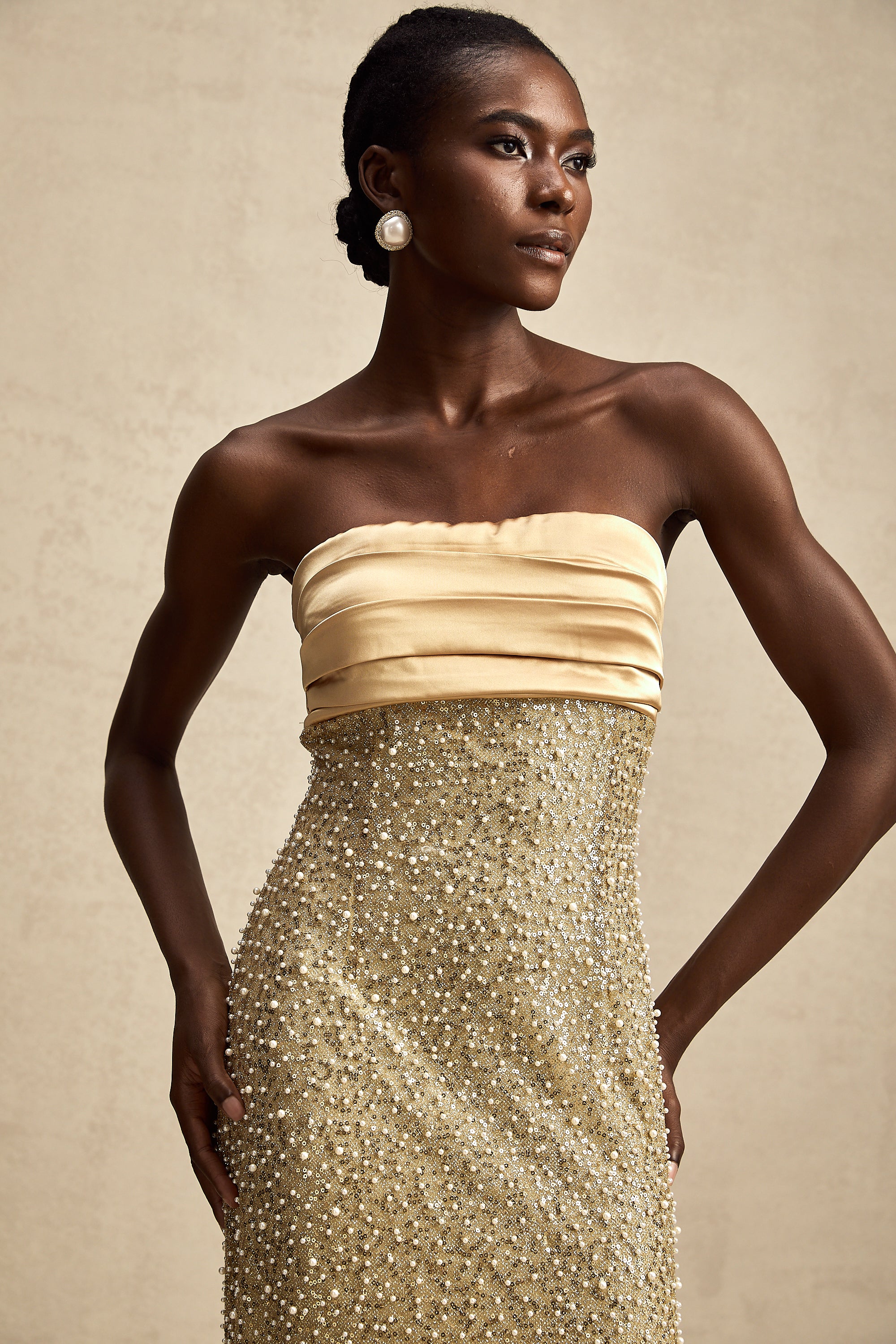 Marguerite gold faux-pearl embellished maxi dress