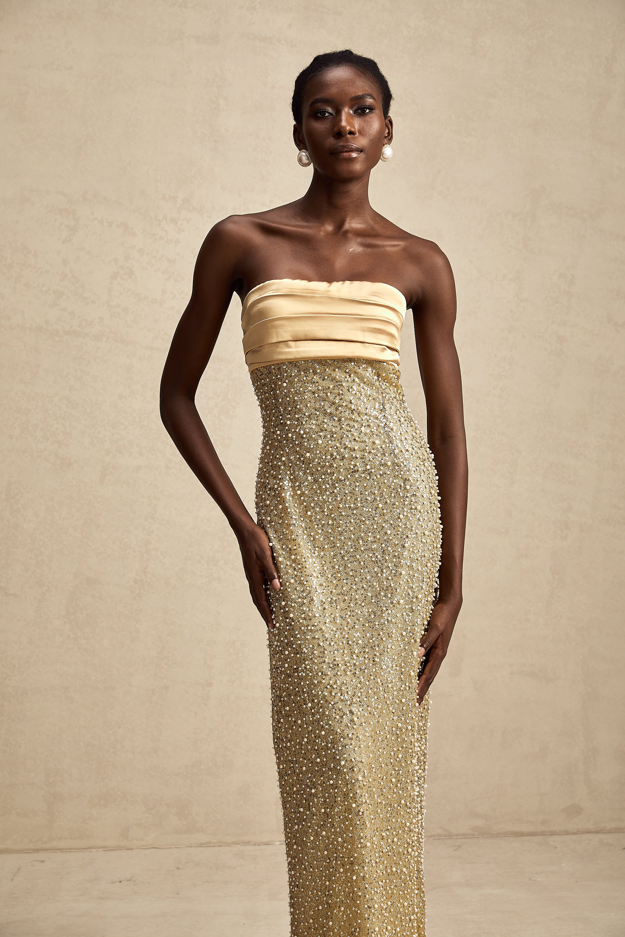 Marguerite gold faux-pearl embellished maxi dress