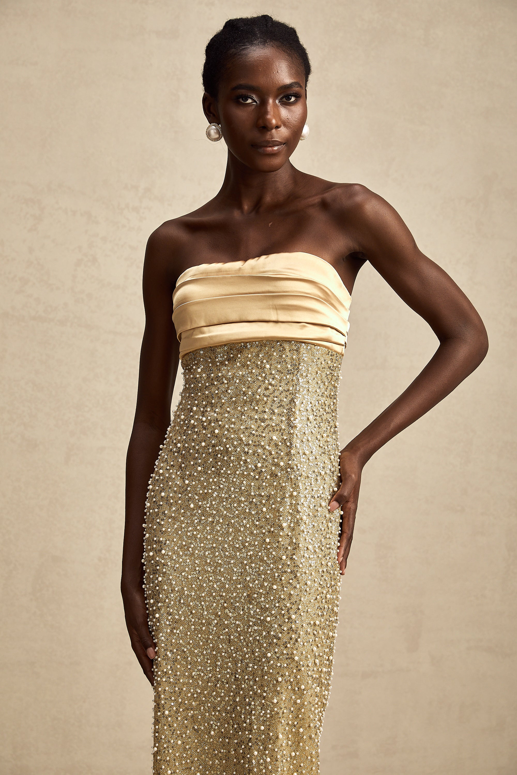 Marguerite gold faux-pearl embellished maxi dress