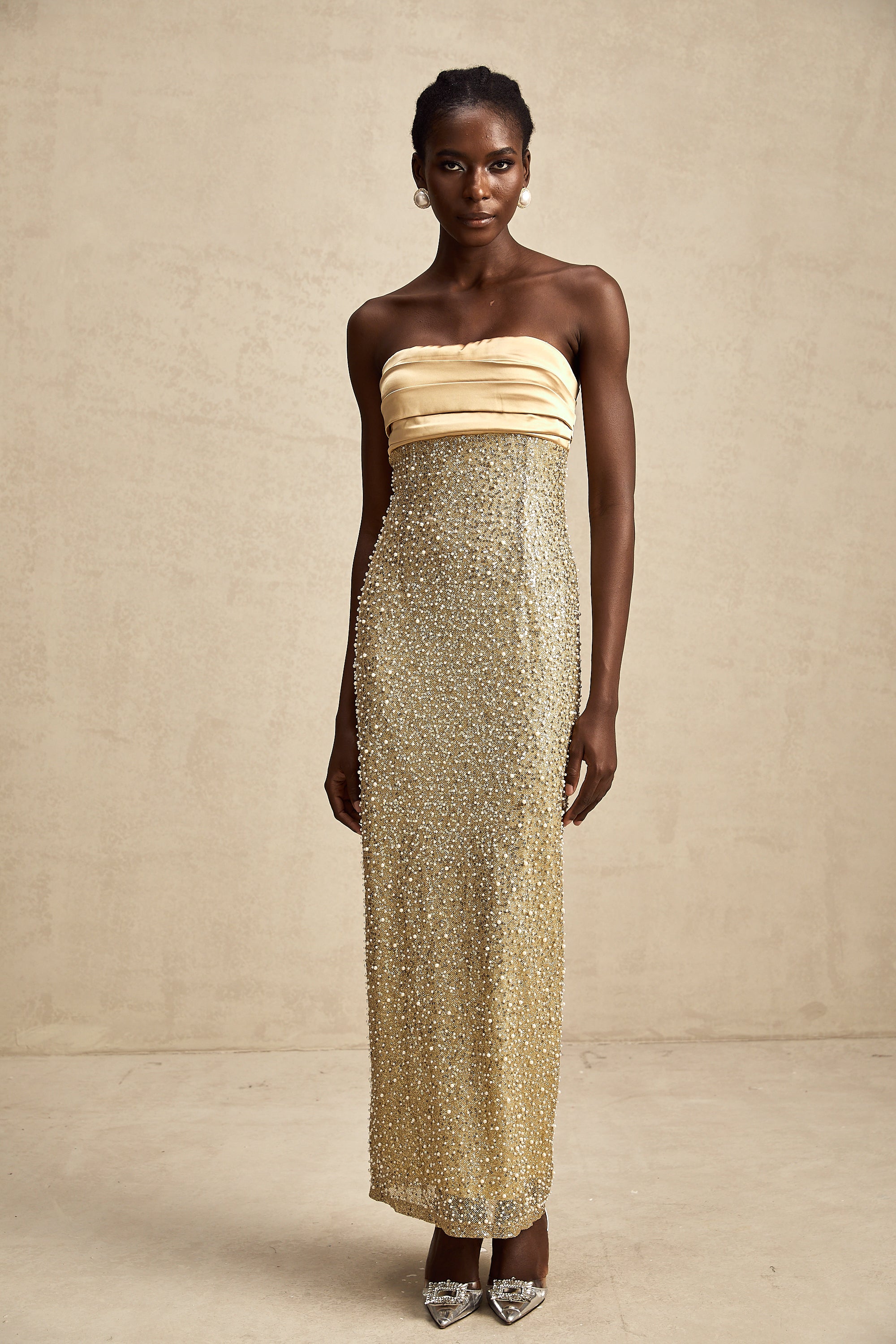 Marguerite gold faux-pearl embellished maxi dress