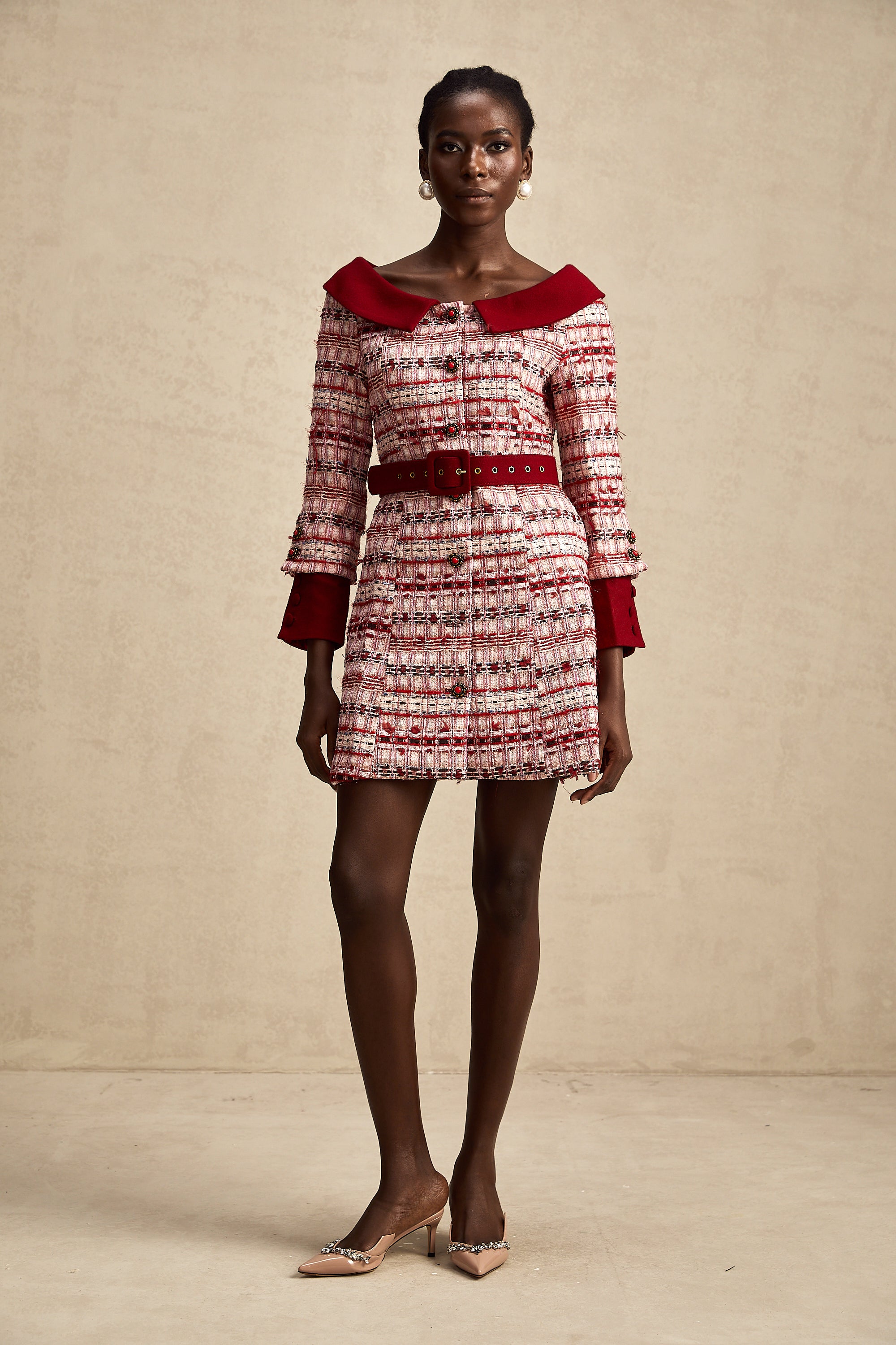 Capucine red checked tweed mini dress