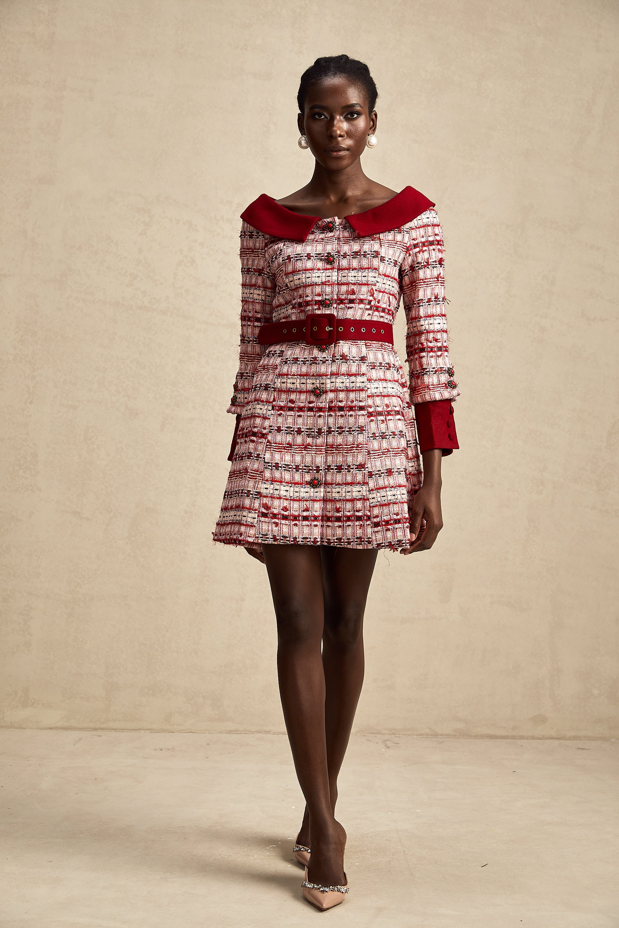 Capucine red checked tweed mini dress