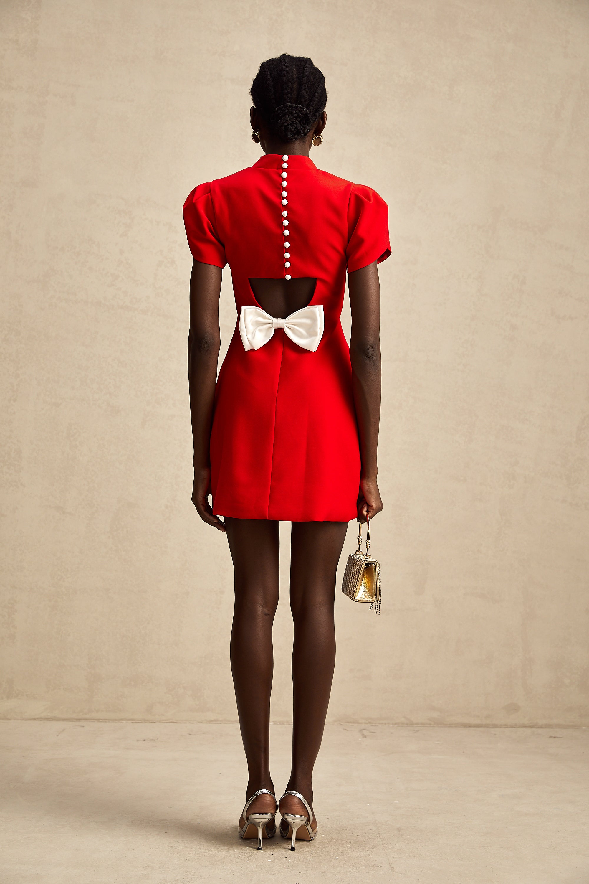 Anna red petal-sleeve cut-out bow mini dress