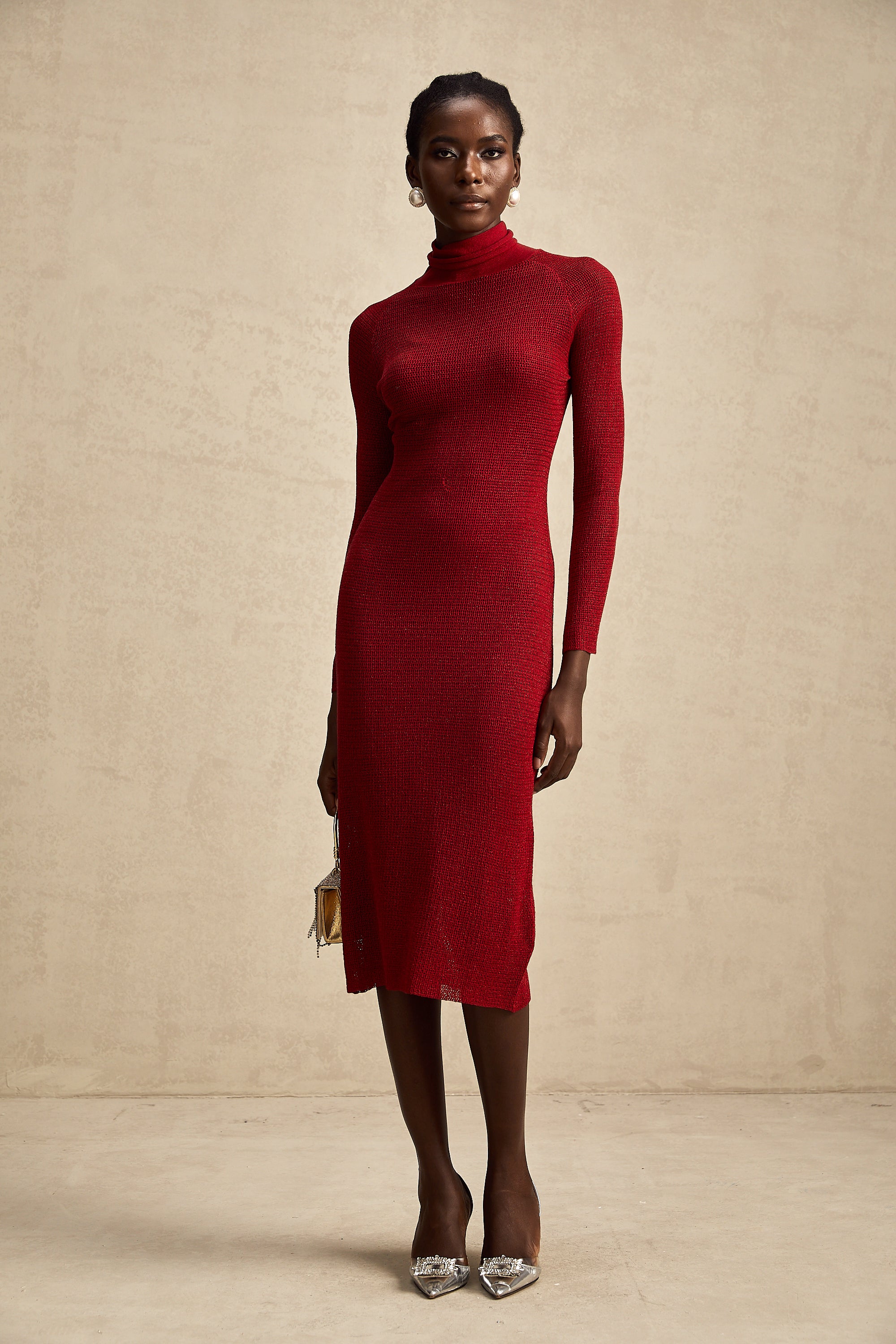 Arianee red metallic pointelle midi dress