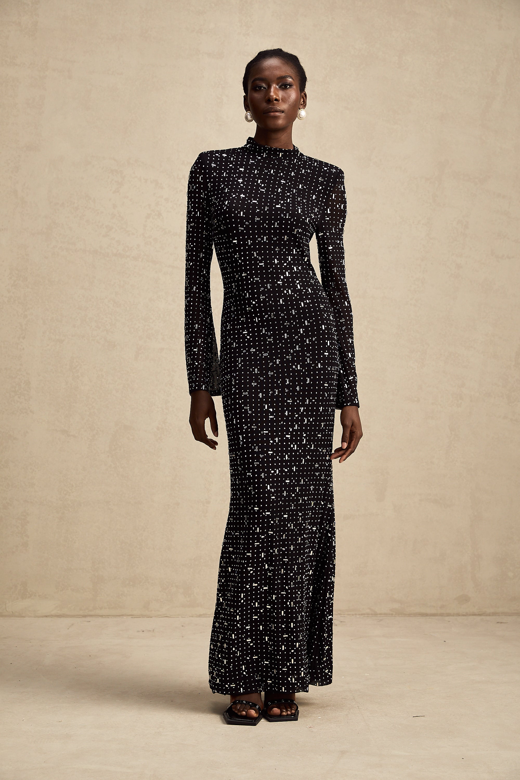 Léna black embellished semi-sheer maxi dress