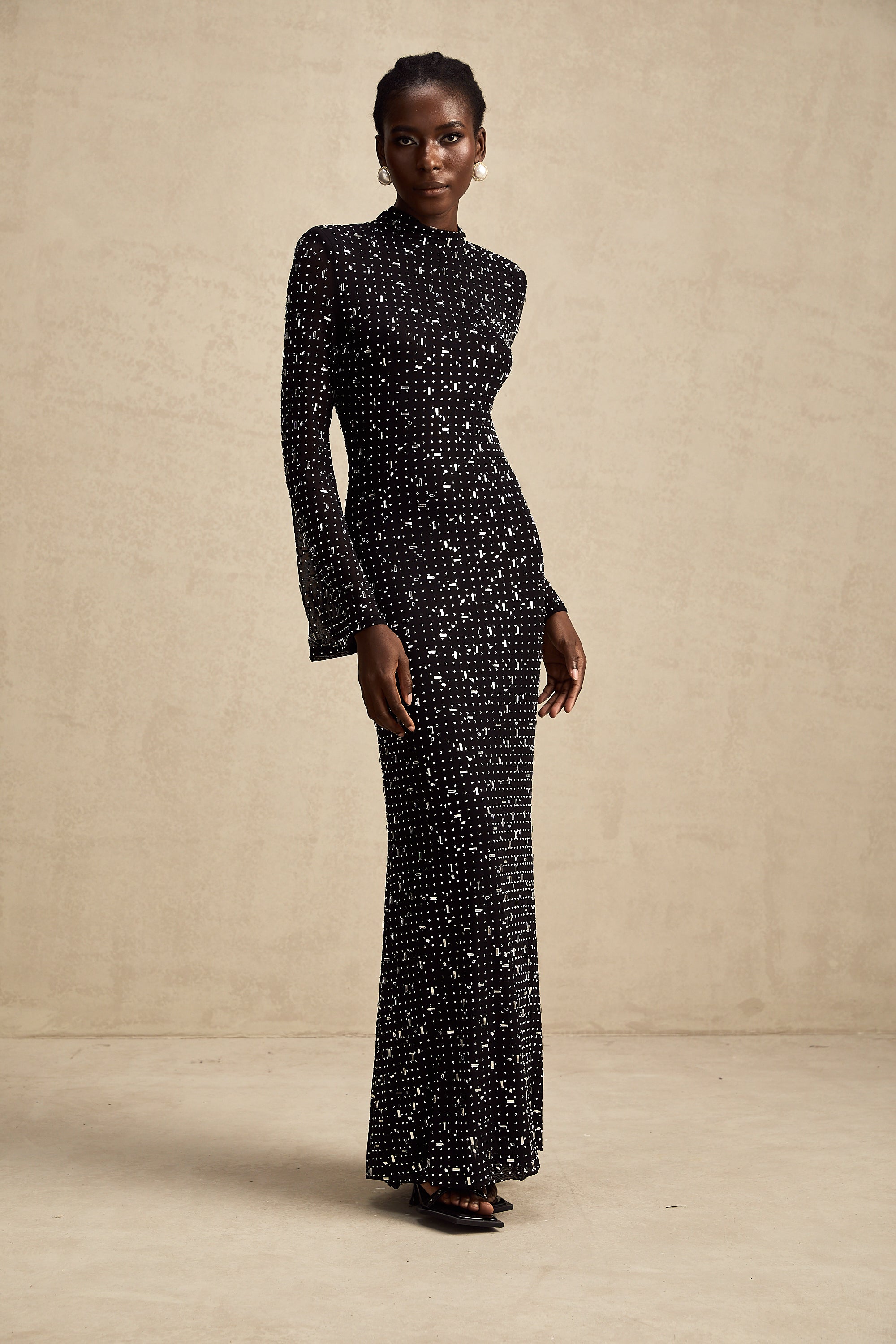 Léna black embellished semi-sheer maxi dress