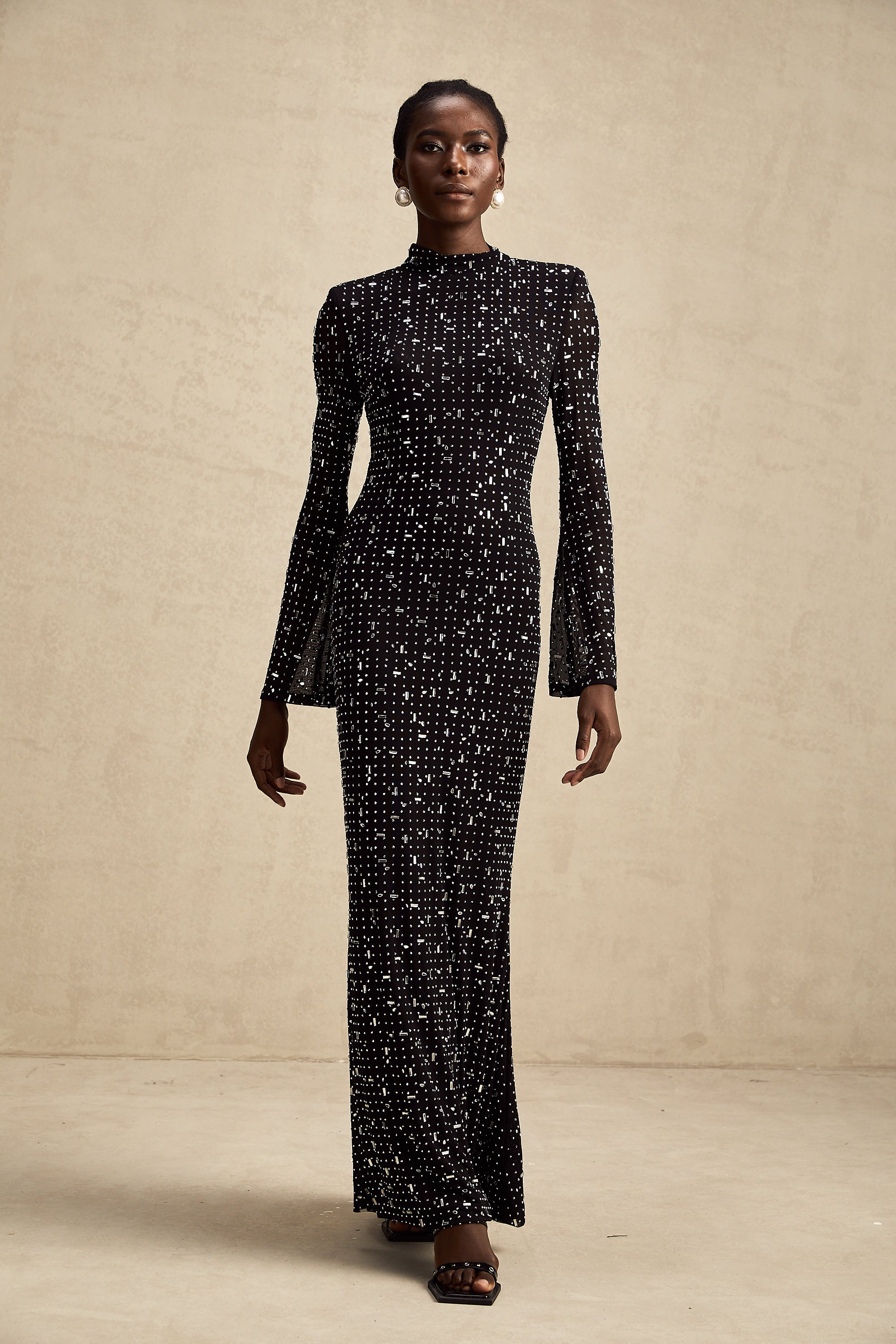 Léna black embellished semi-sheer maxi dress