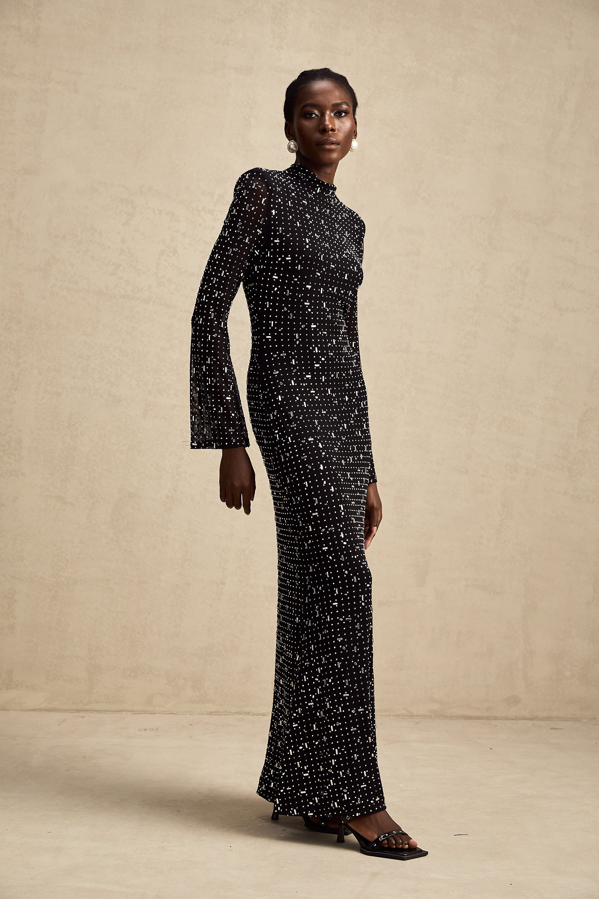 Léna black embellished semi-sheer maxi dress