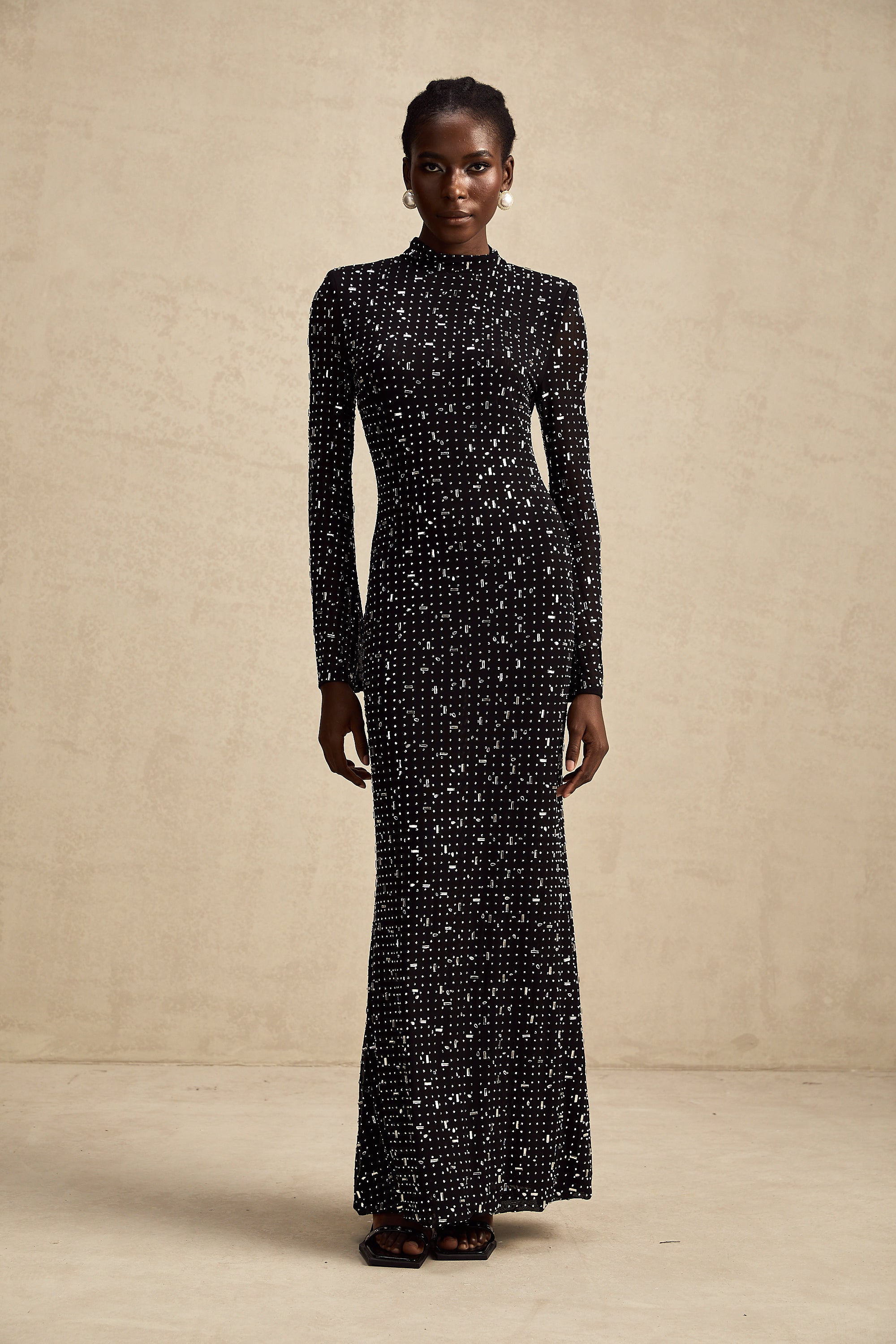 Léna black embellished semi-sheer maxi dress