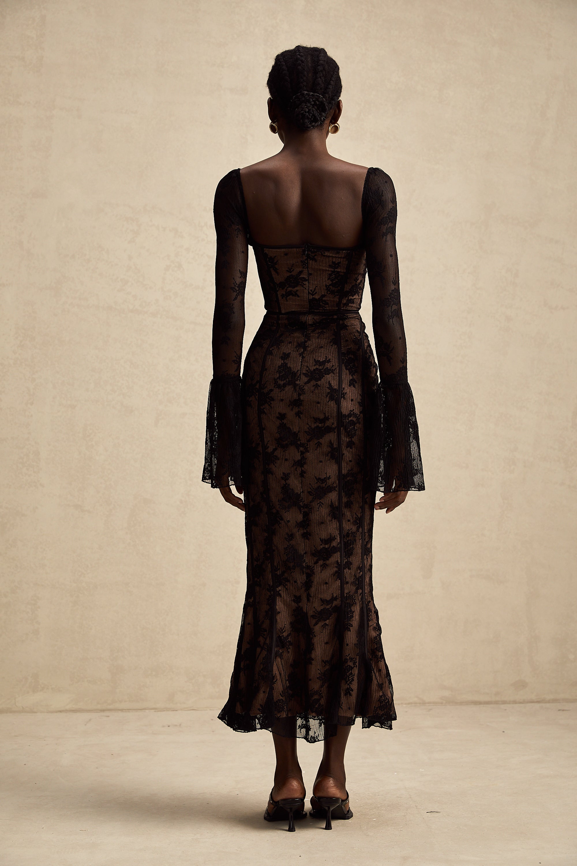 Marlene flared lace maxi dress in Black