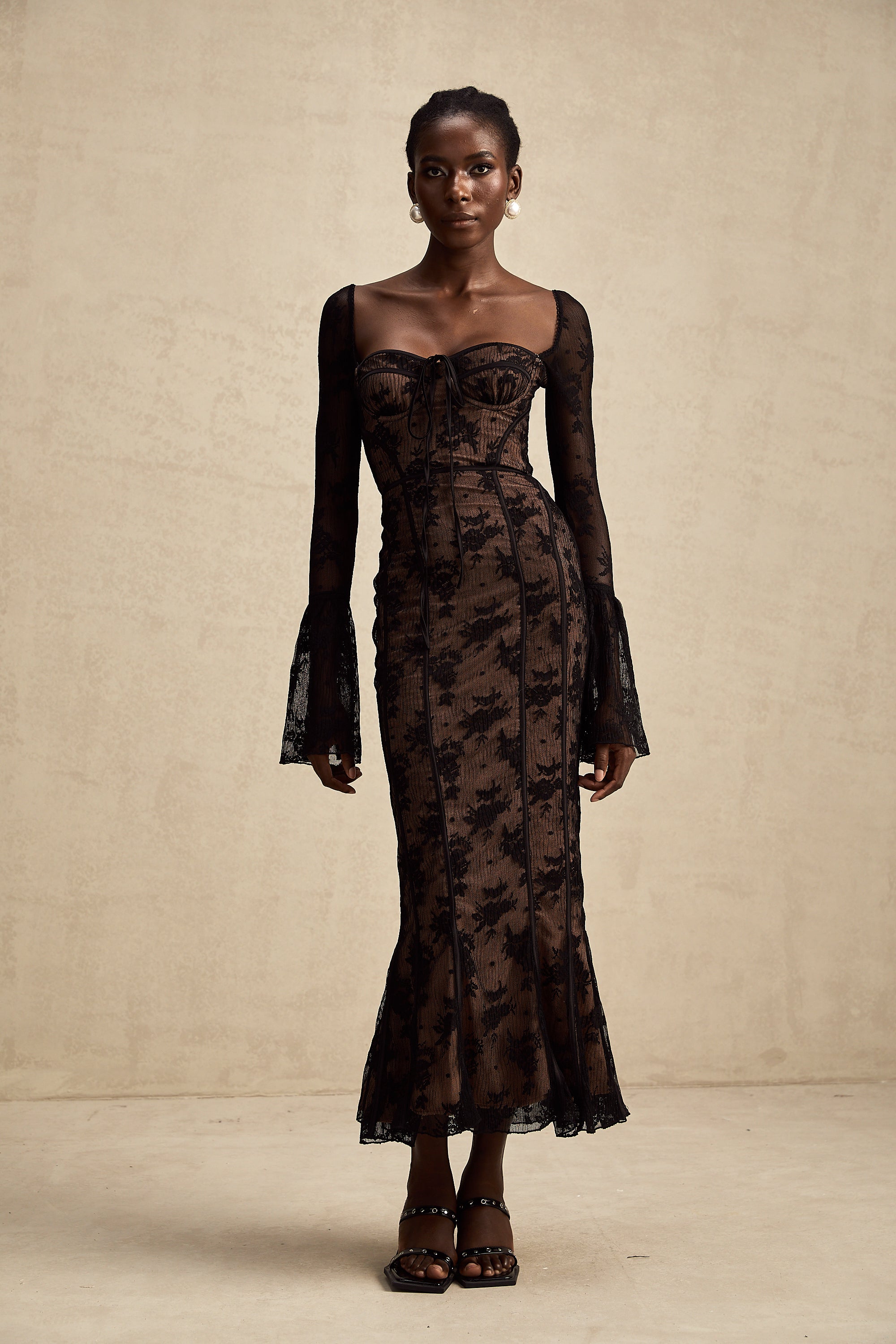 Marlene flared lace maxi dress in Black