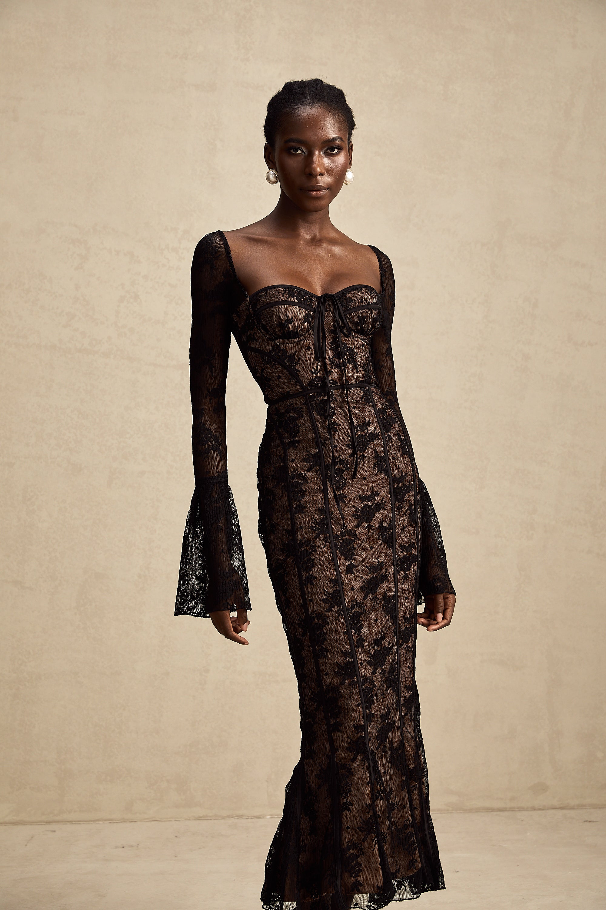 Marlene flared lace maxi dress in Black