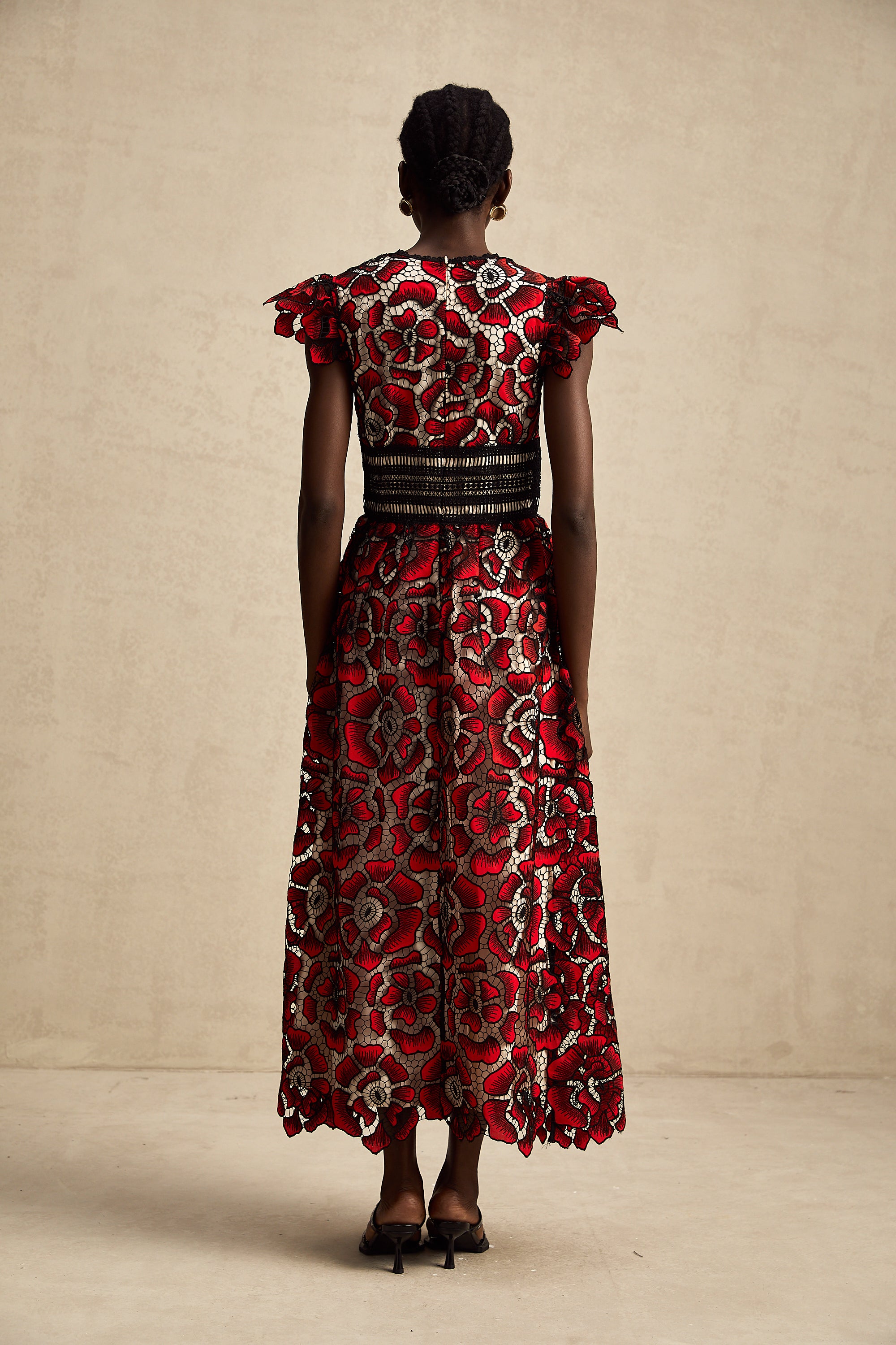 Margaux red floral-embroidered lace midi dress