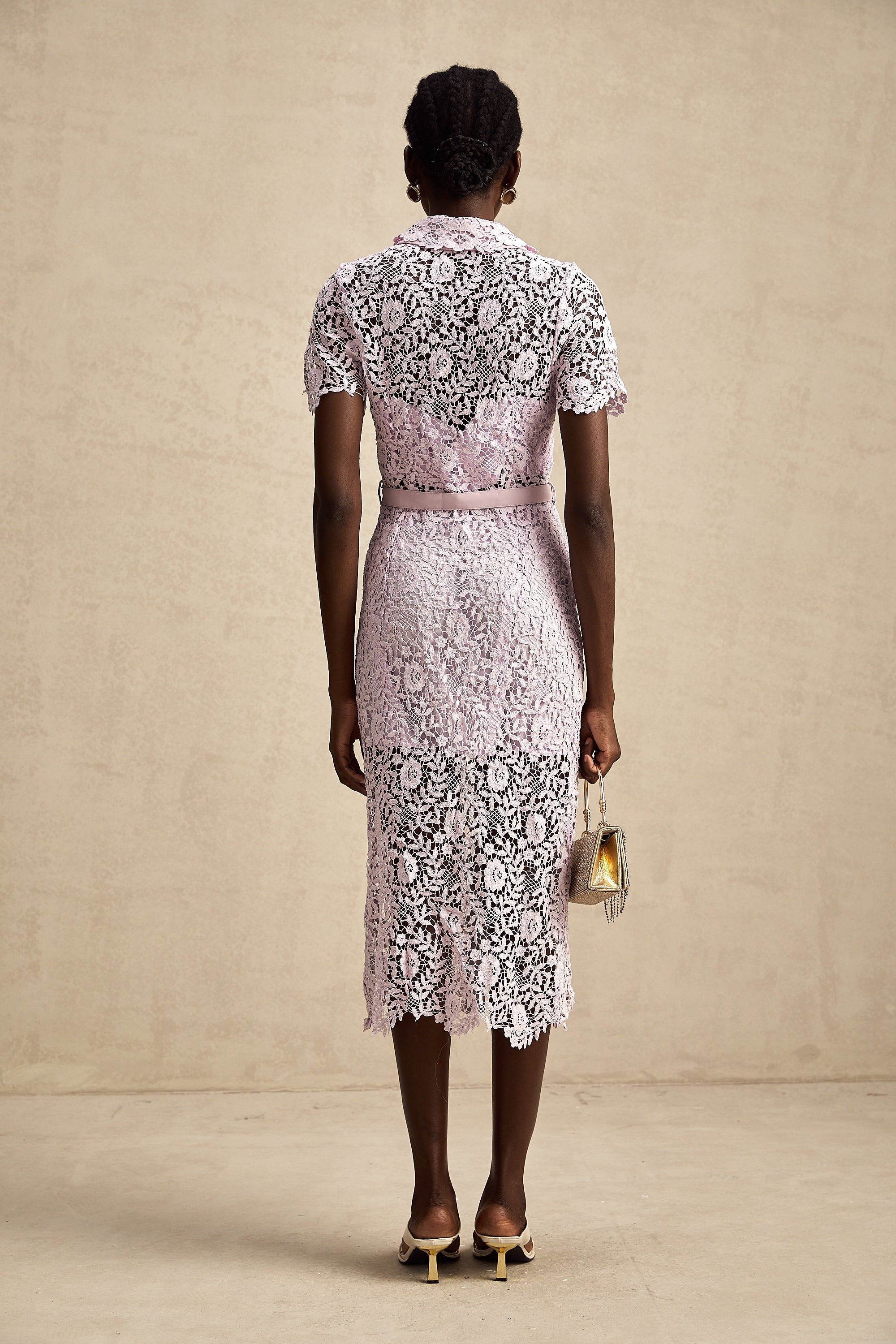 Olivia purple floral-embroidered lace belted midi dress