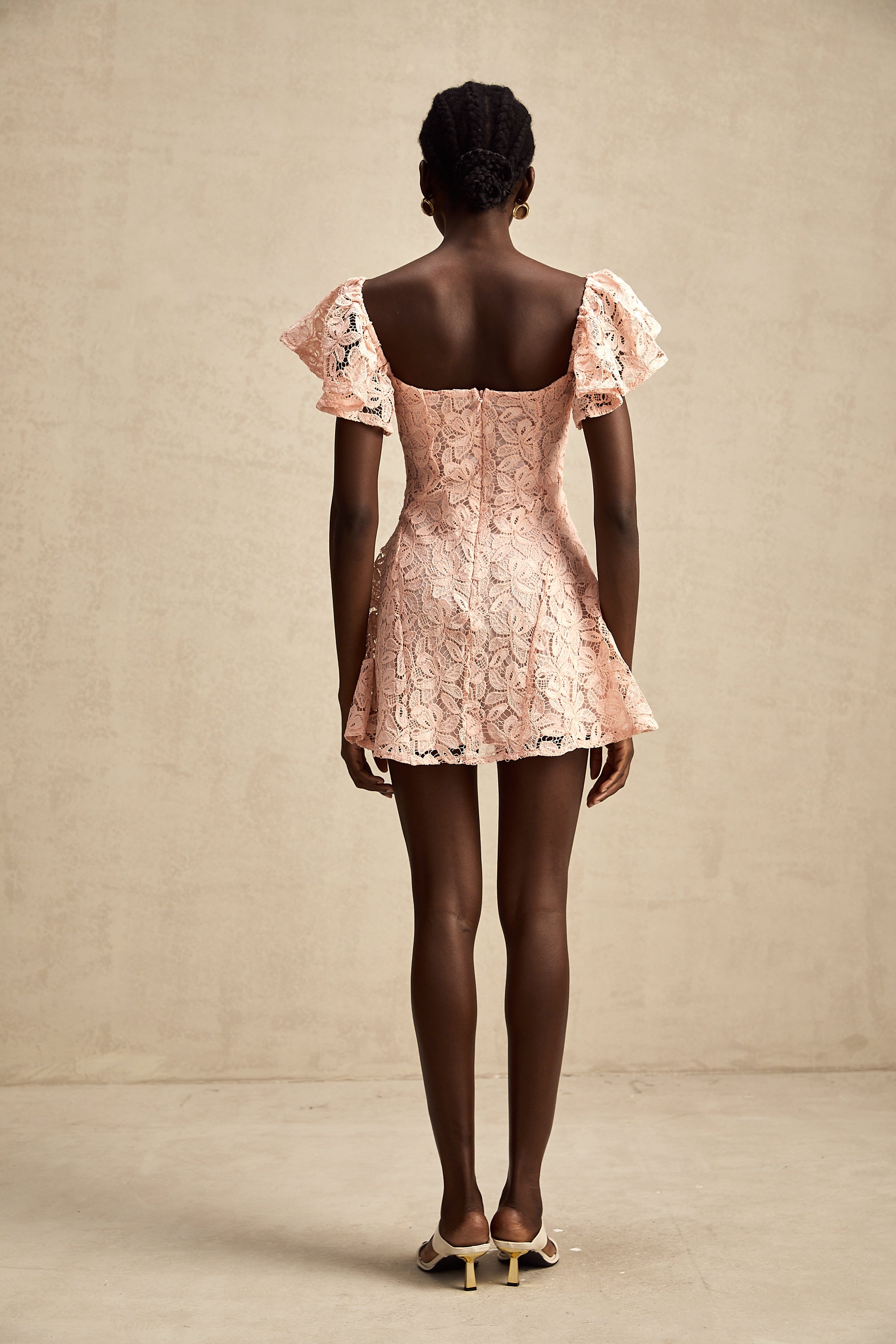 Esmée flutter-sleeve lace mini dress in Pink