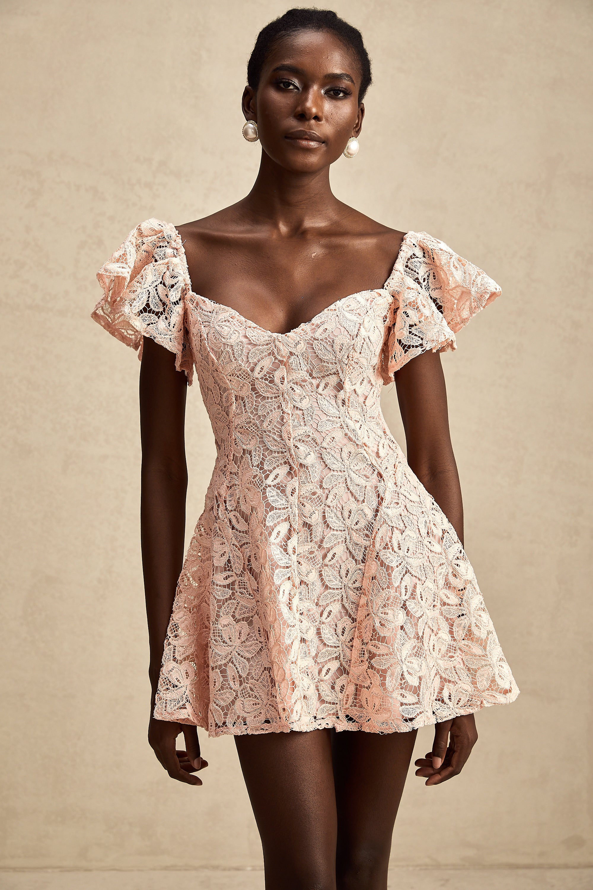 Esmée flutter-sleeve lace mini dress in Pink