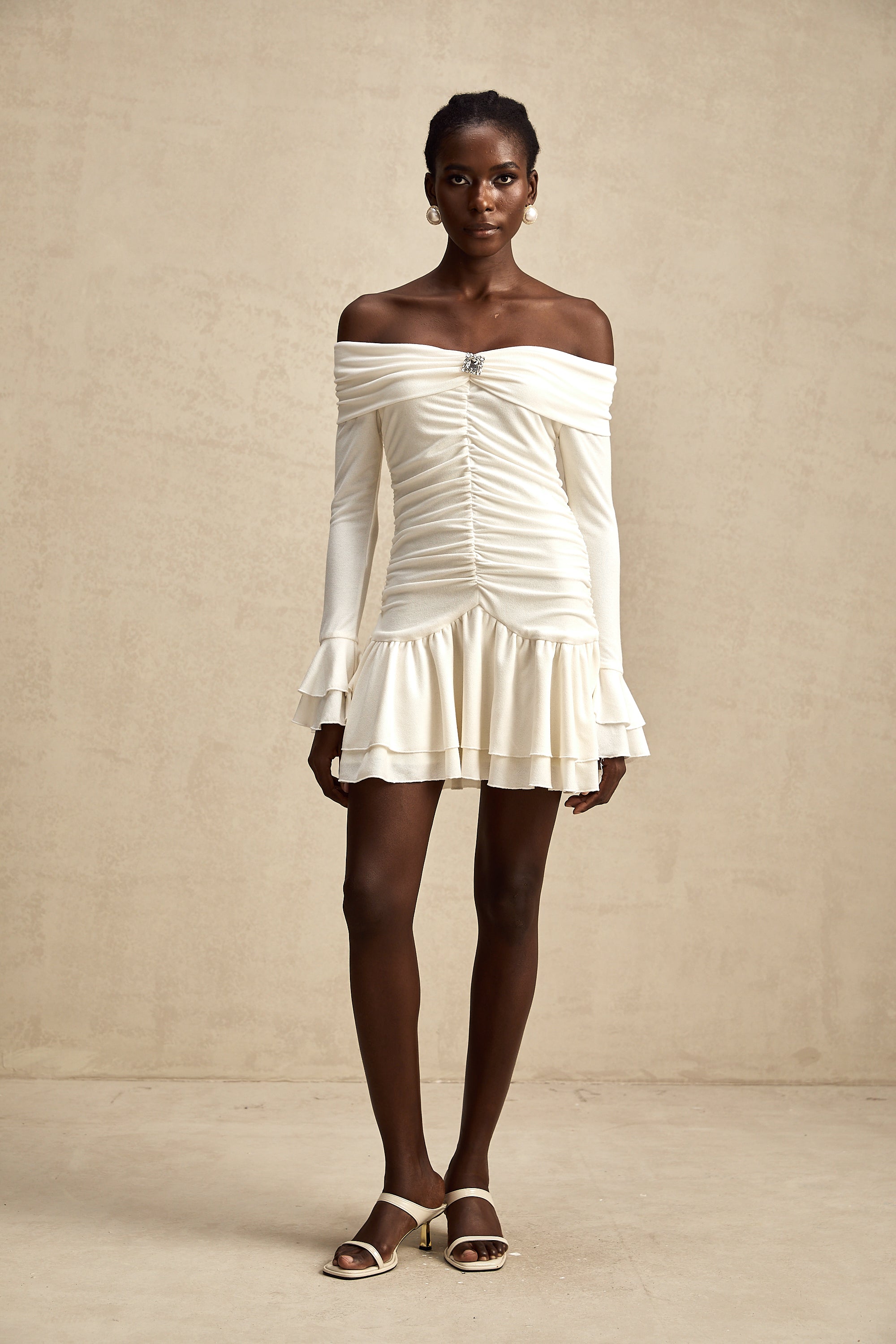 Émilie white ruched off-shoulder mini dress