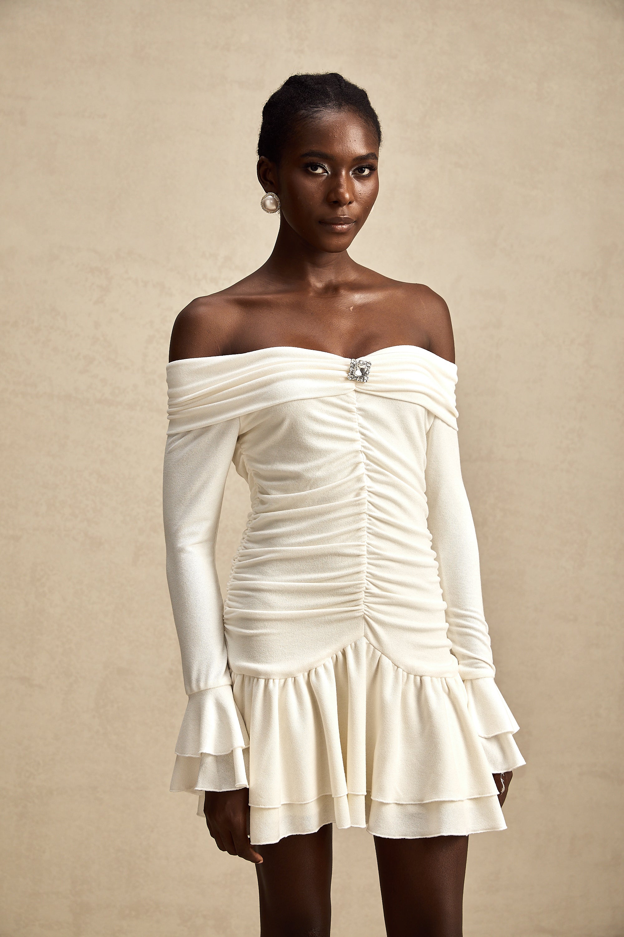 Émilie white ruched off-shoulder mini dress