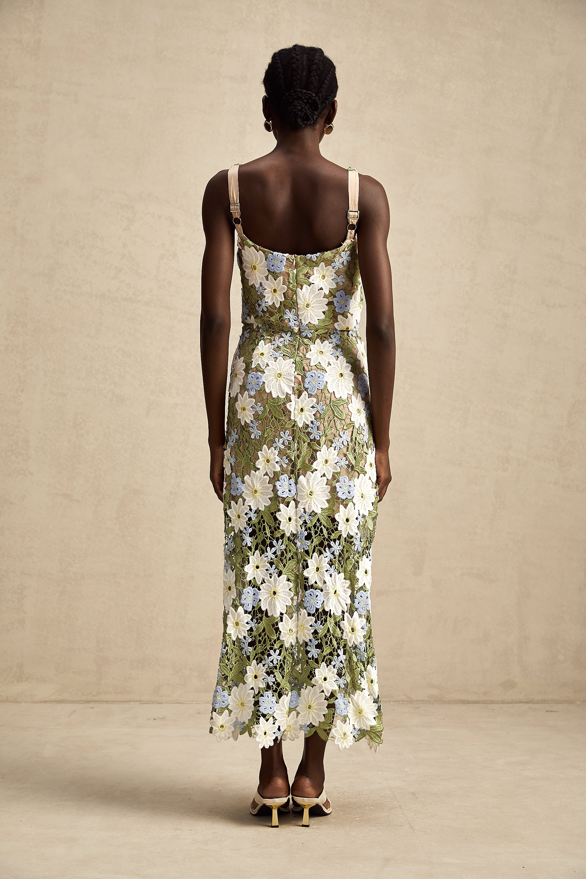 Carla floral embroidered hollow-carved midi dress