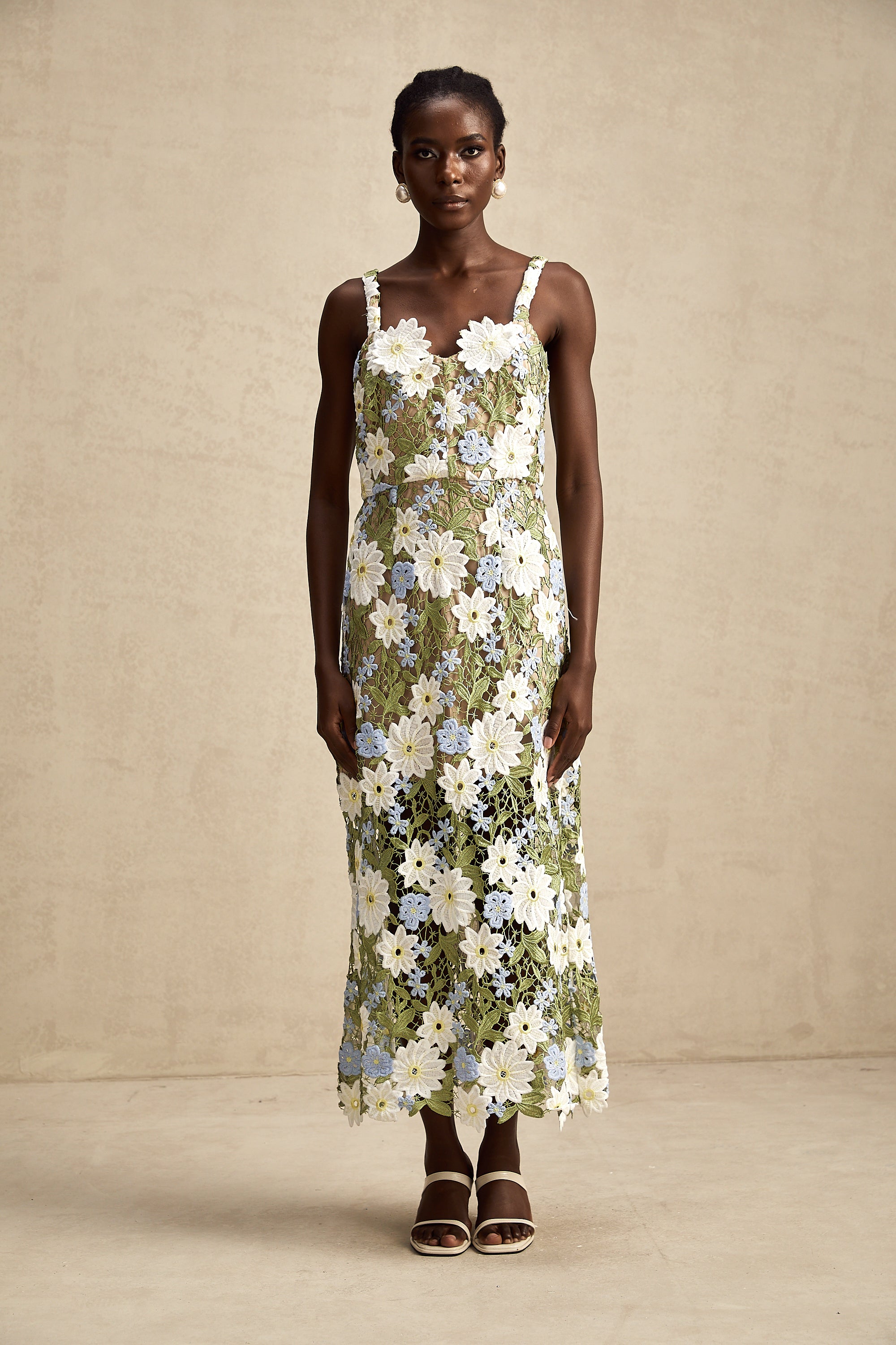 Carla floral embroidered hollow-carved midi dress