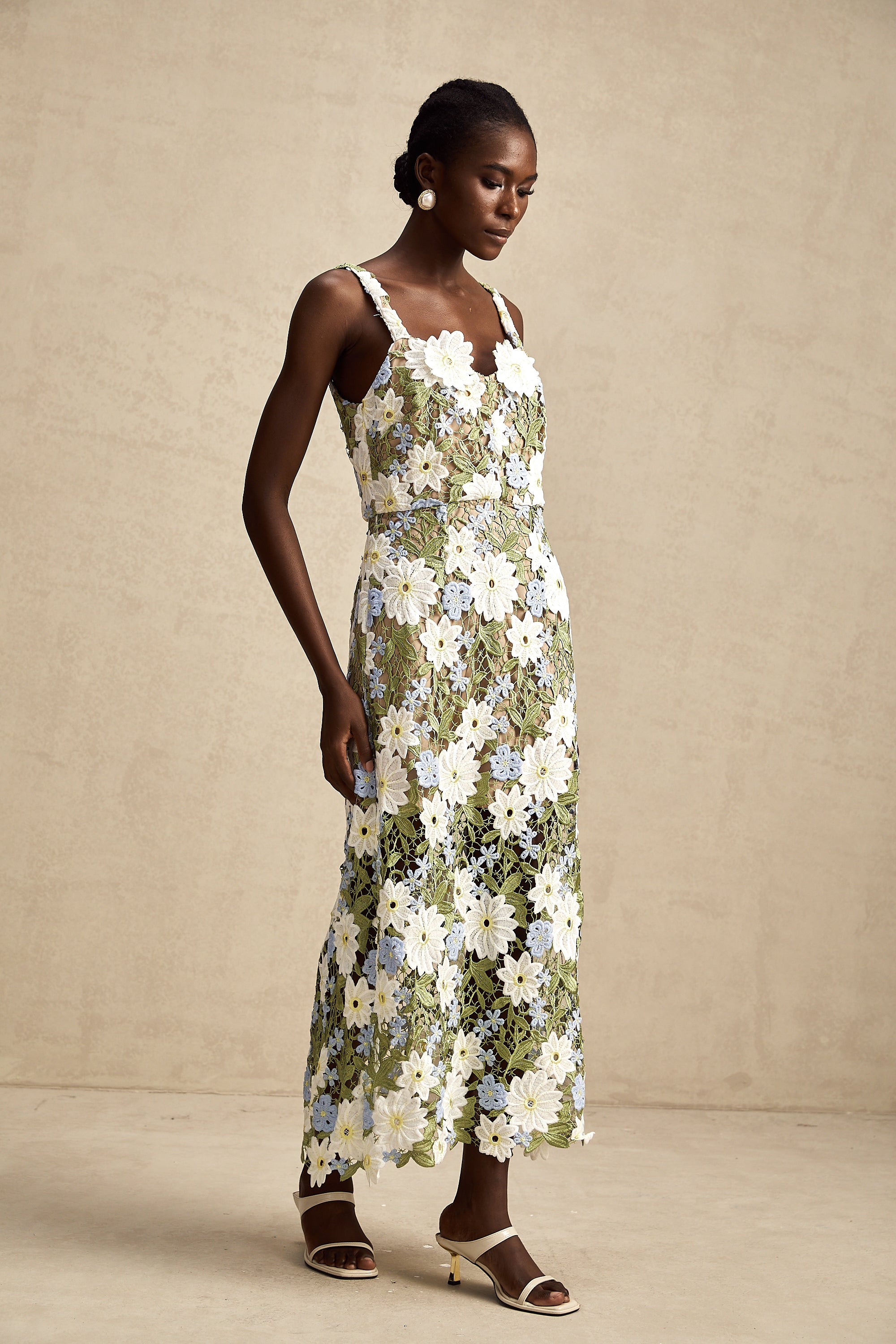 Carla floral embroidered hollow-carved midi dress