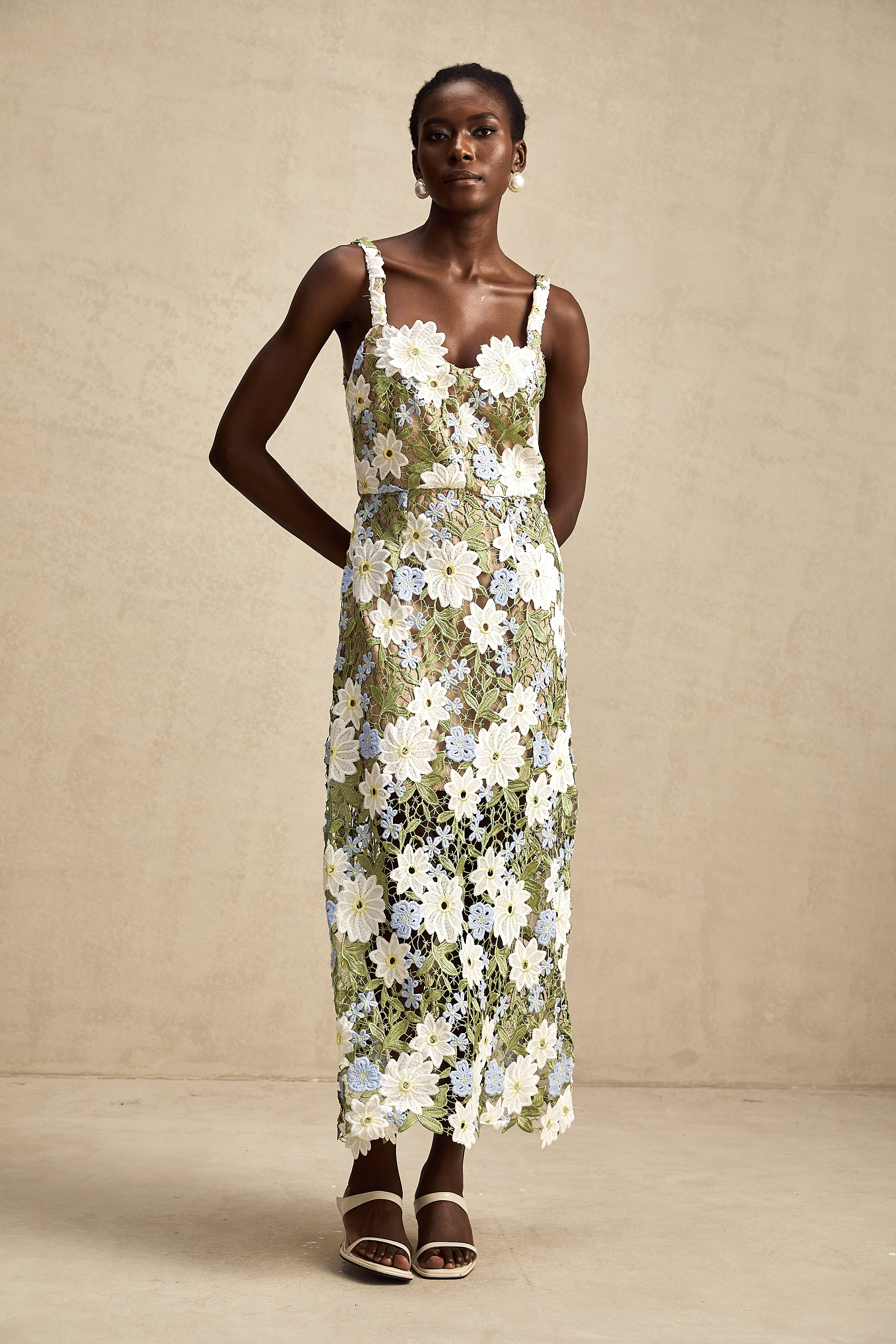 Carla floral embroidered hollow-carved midi dress