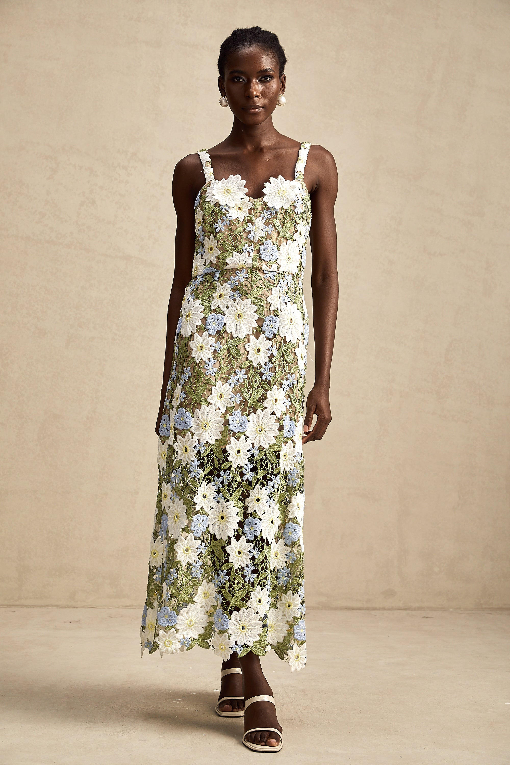 Carla floral embroidered hollow-carved midi dress