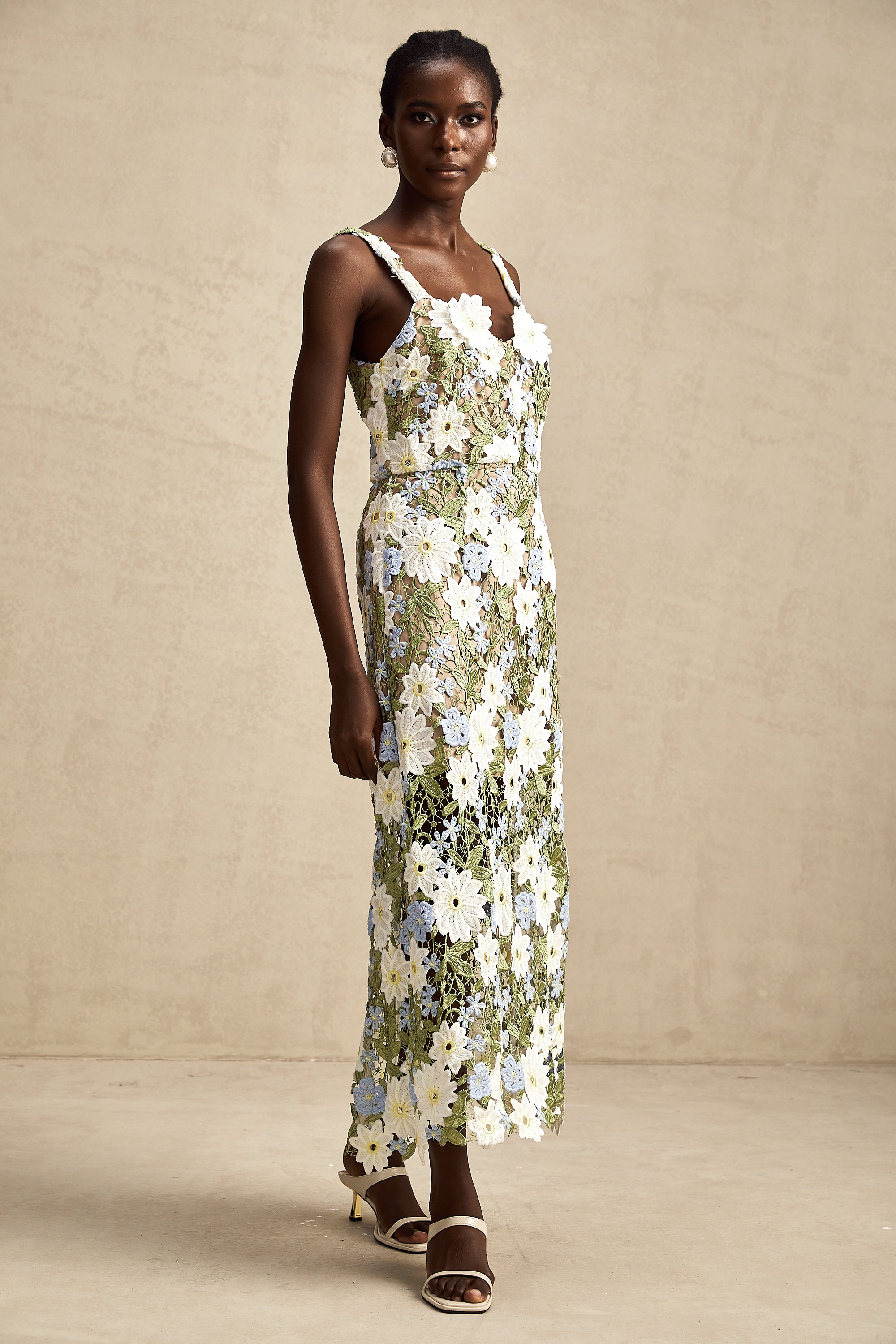 Carla floral embroidered hollow-carved midi dress