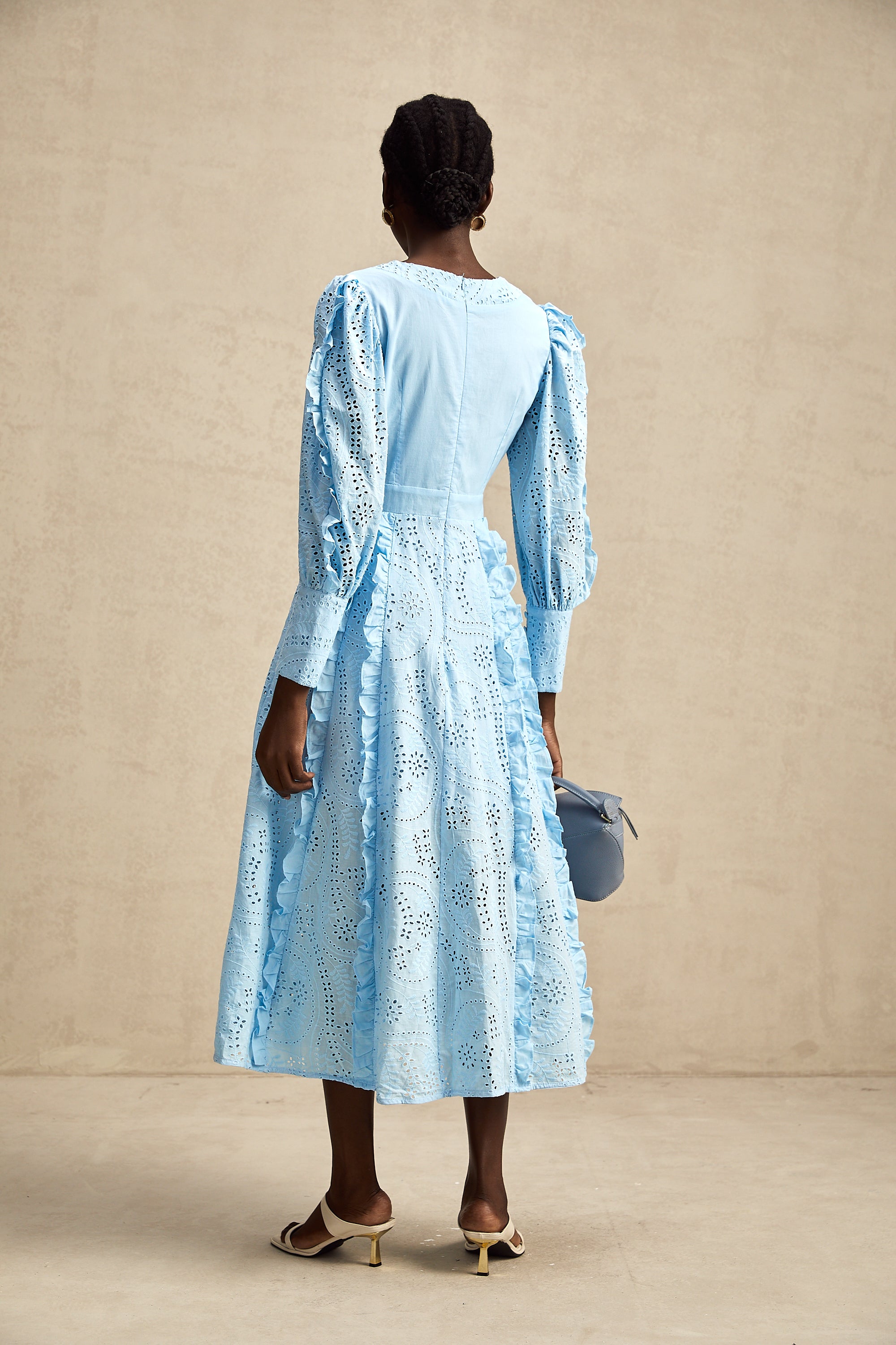 Raphaëlle blue open-work ruffled midi dress