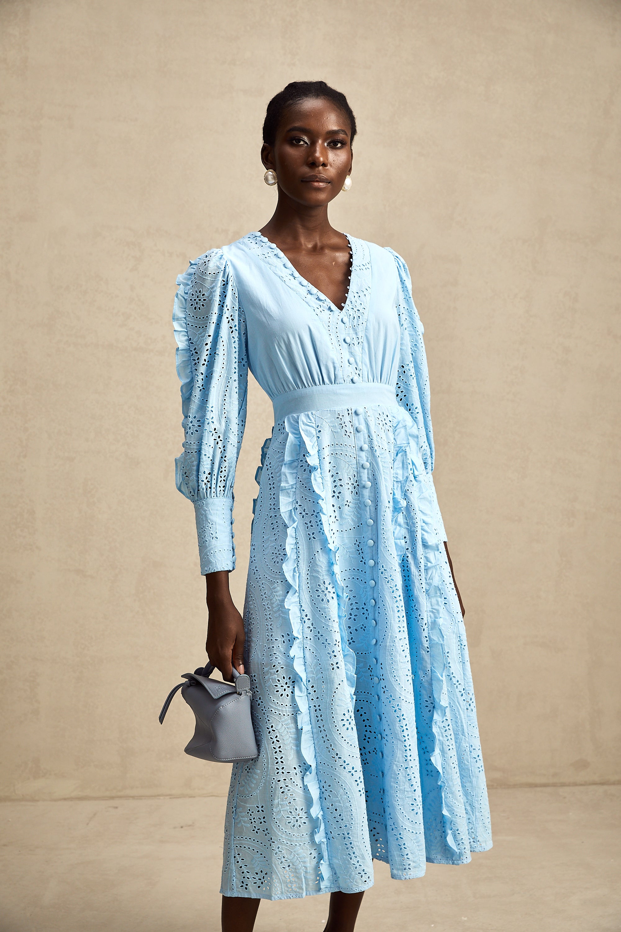 Raphaëlle blue open-work ruffled midi dress