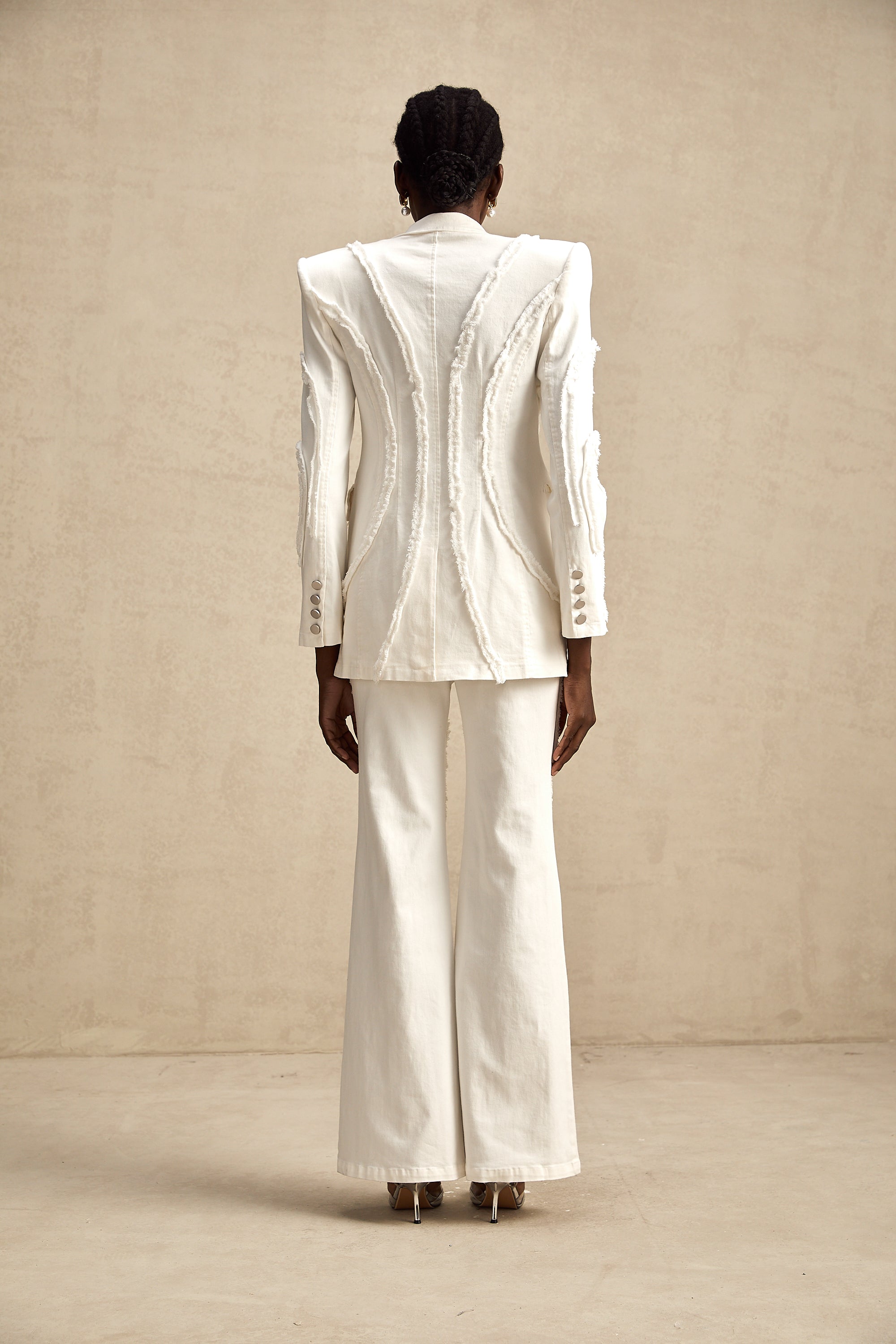 Blandine white frayed jacket & trousers matching set