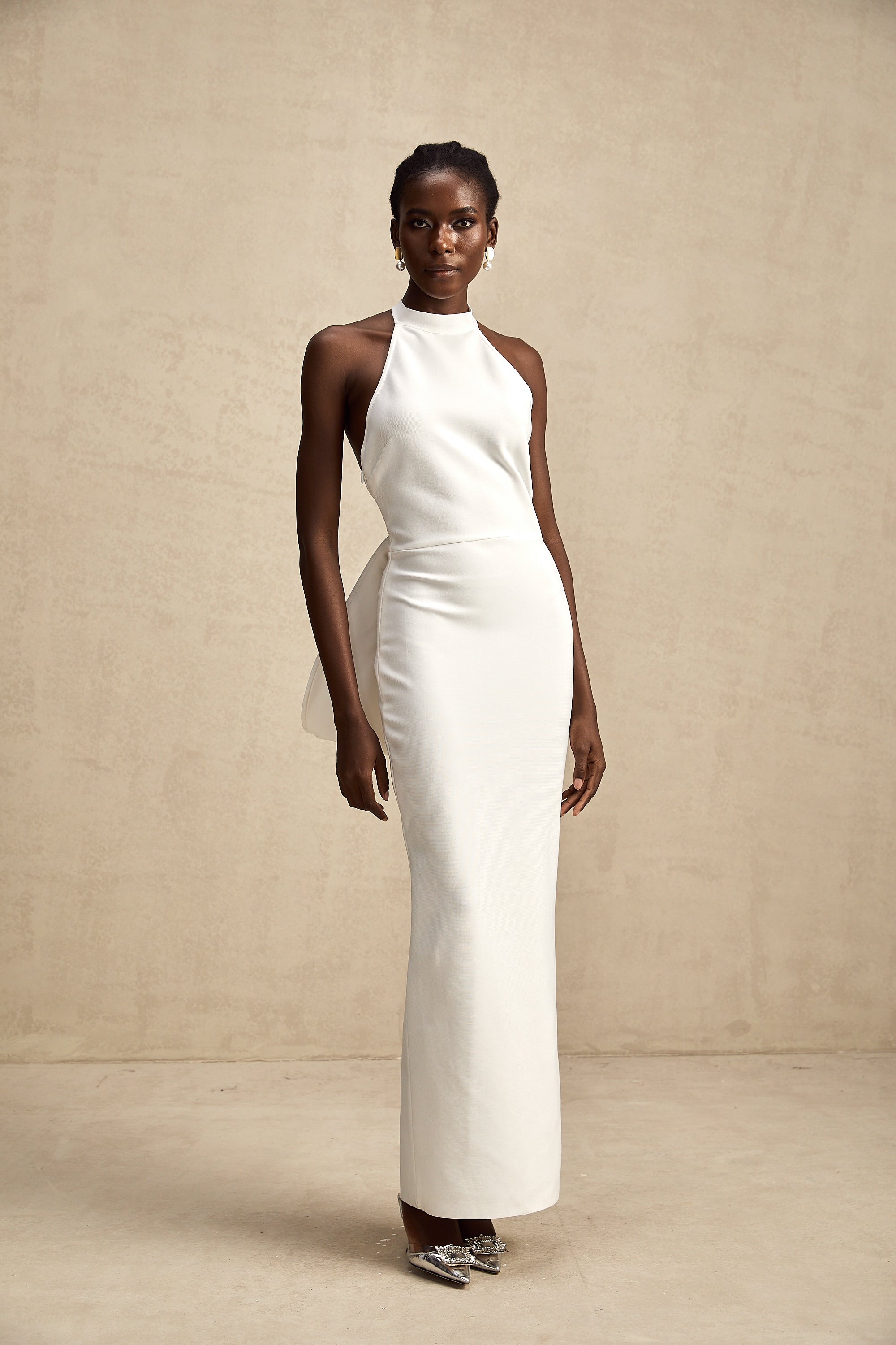 Capucine white oversize-bow bandage dress