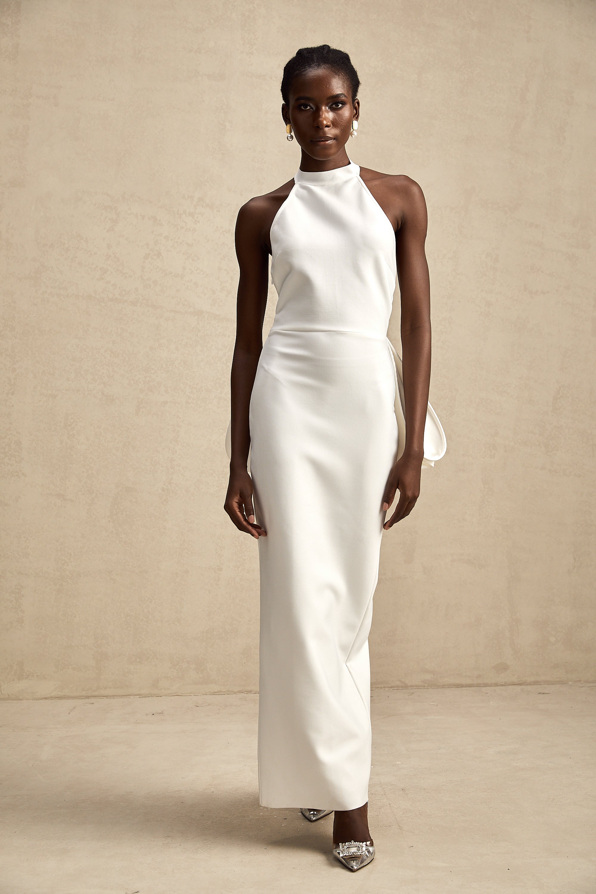 Capucine white oversize-bow bandage dress