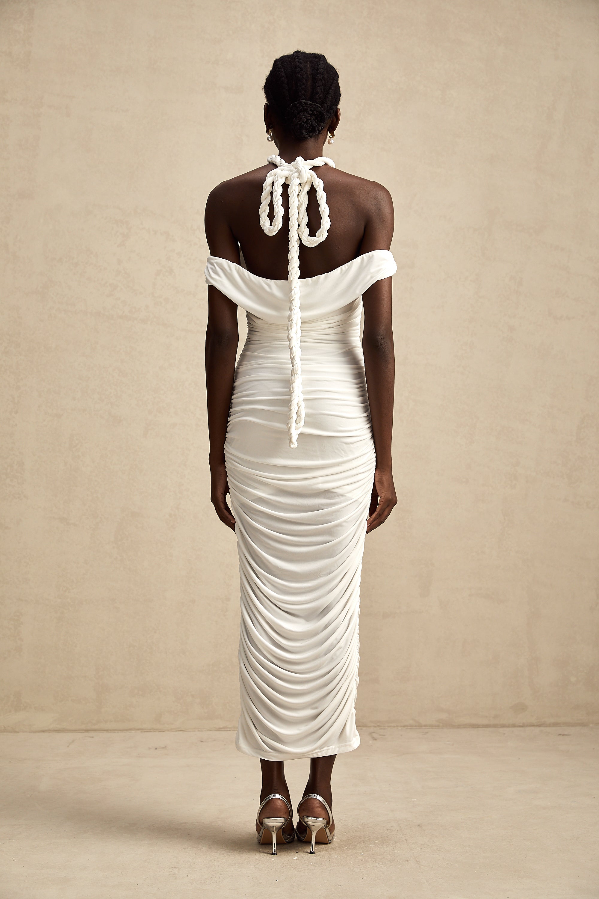 Émeline white braided rope-detail midi dress