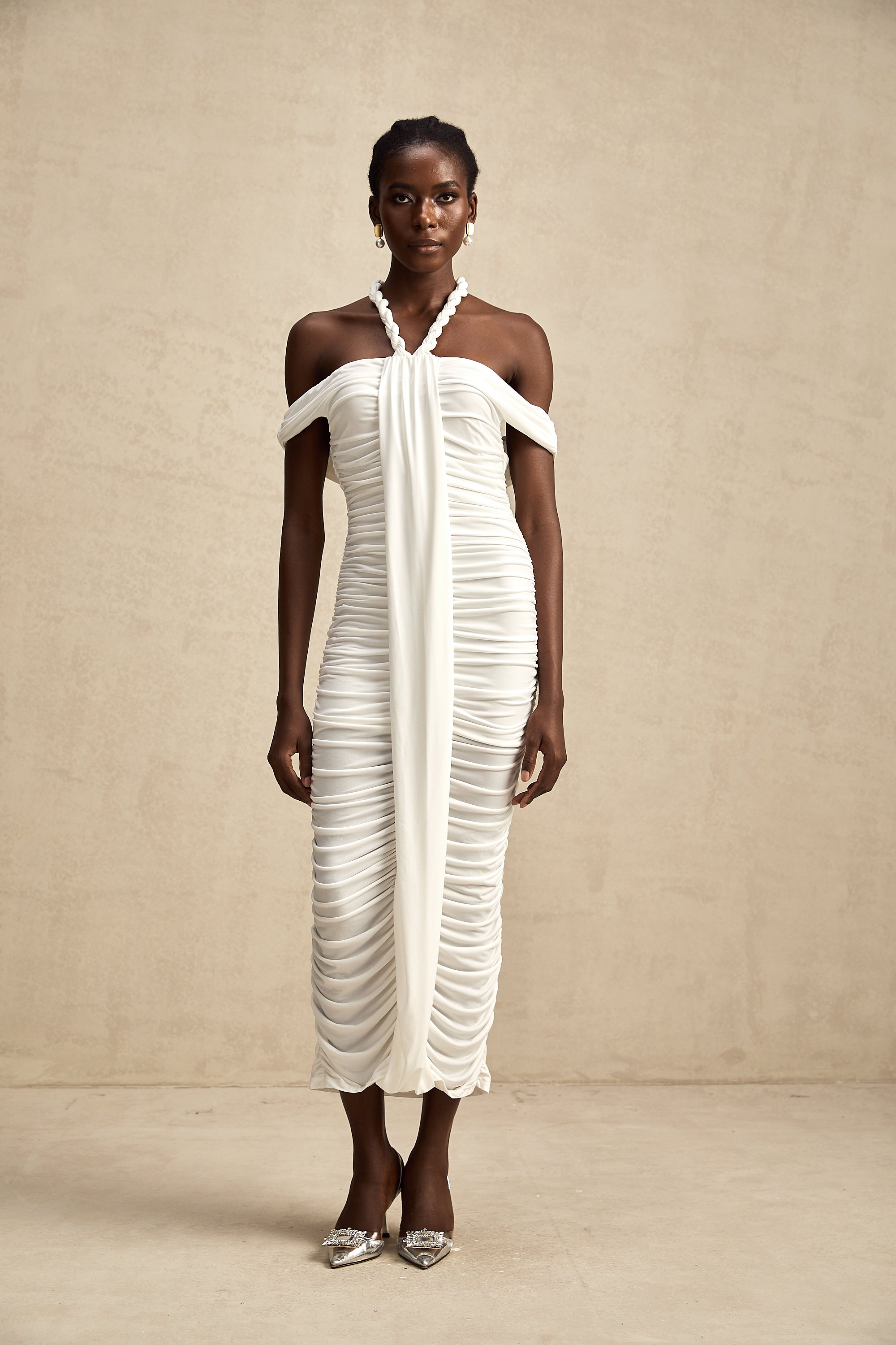 Émeline white braided rope-detail midi dress