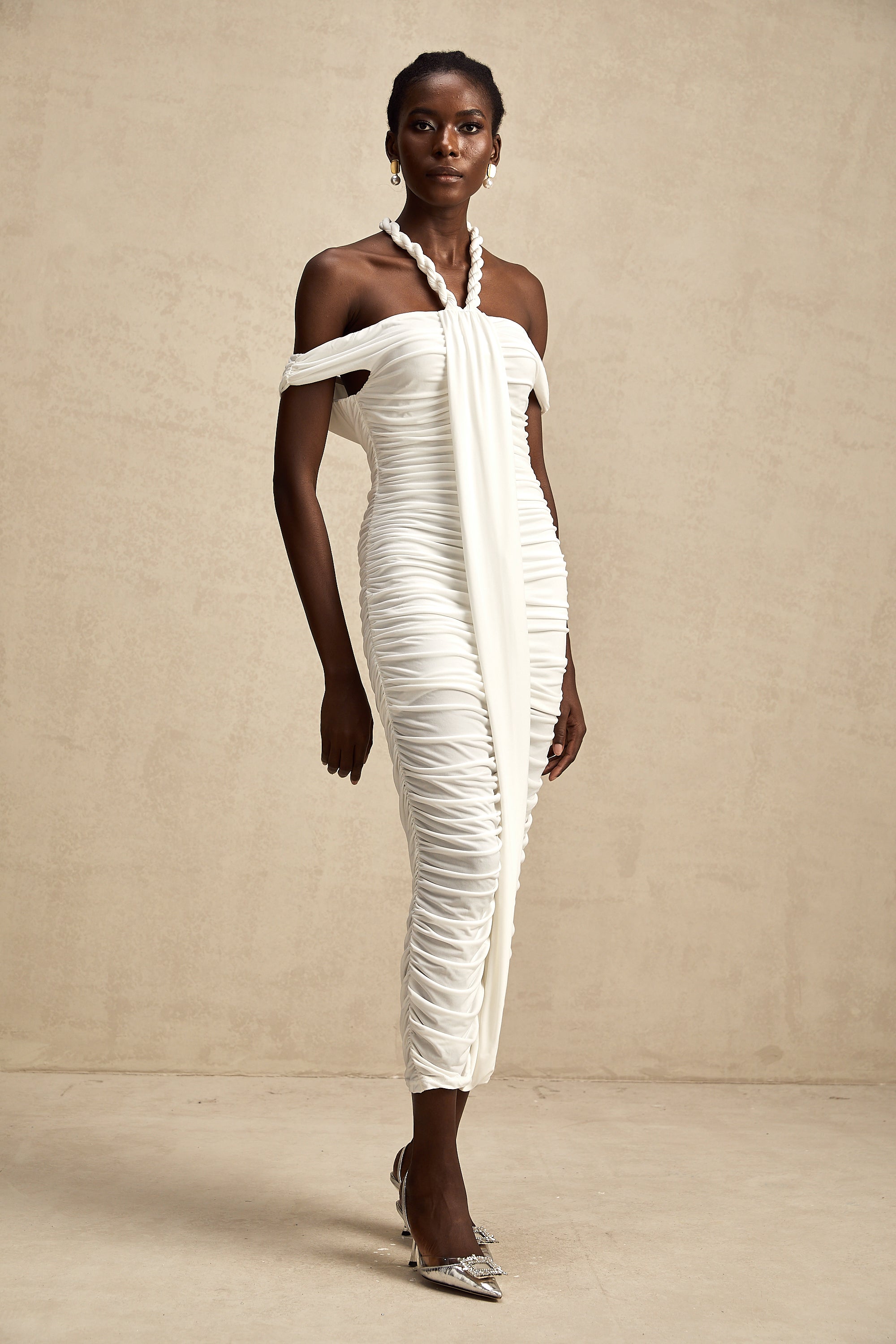 Émeline white braided rope-detail midi dress