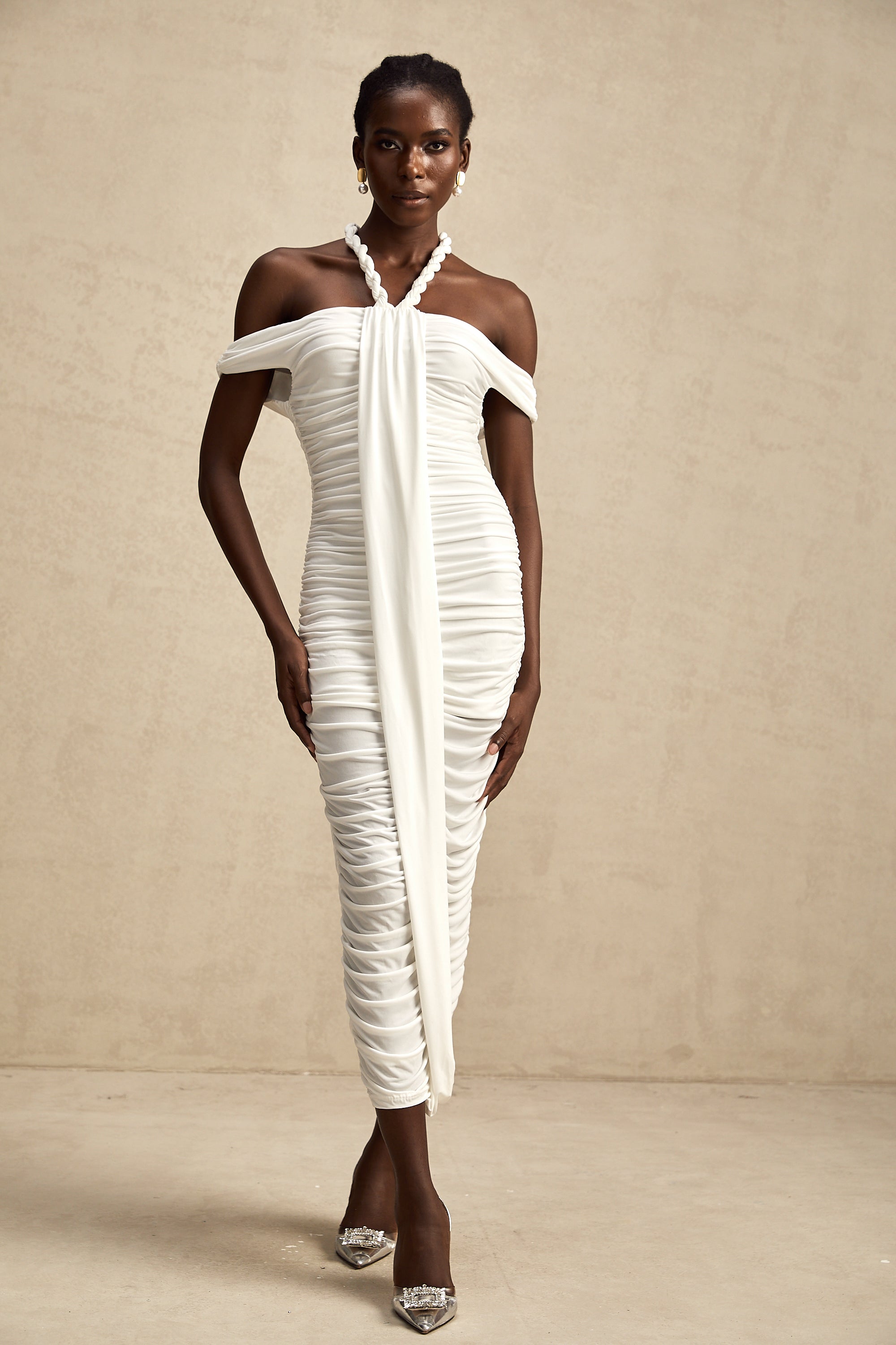 Émeline white braided rope-detail midi dress