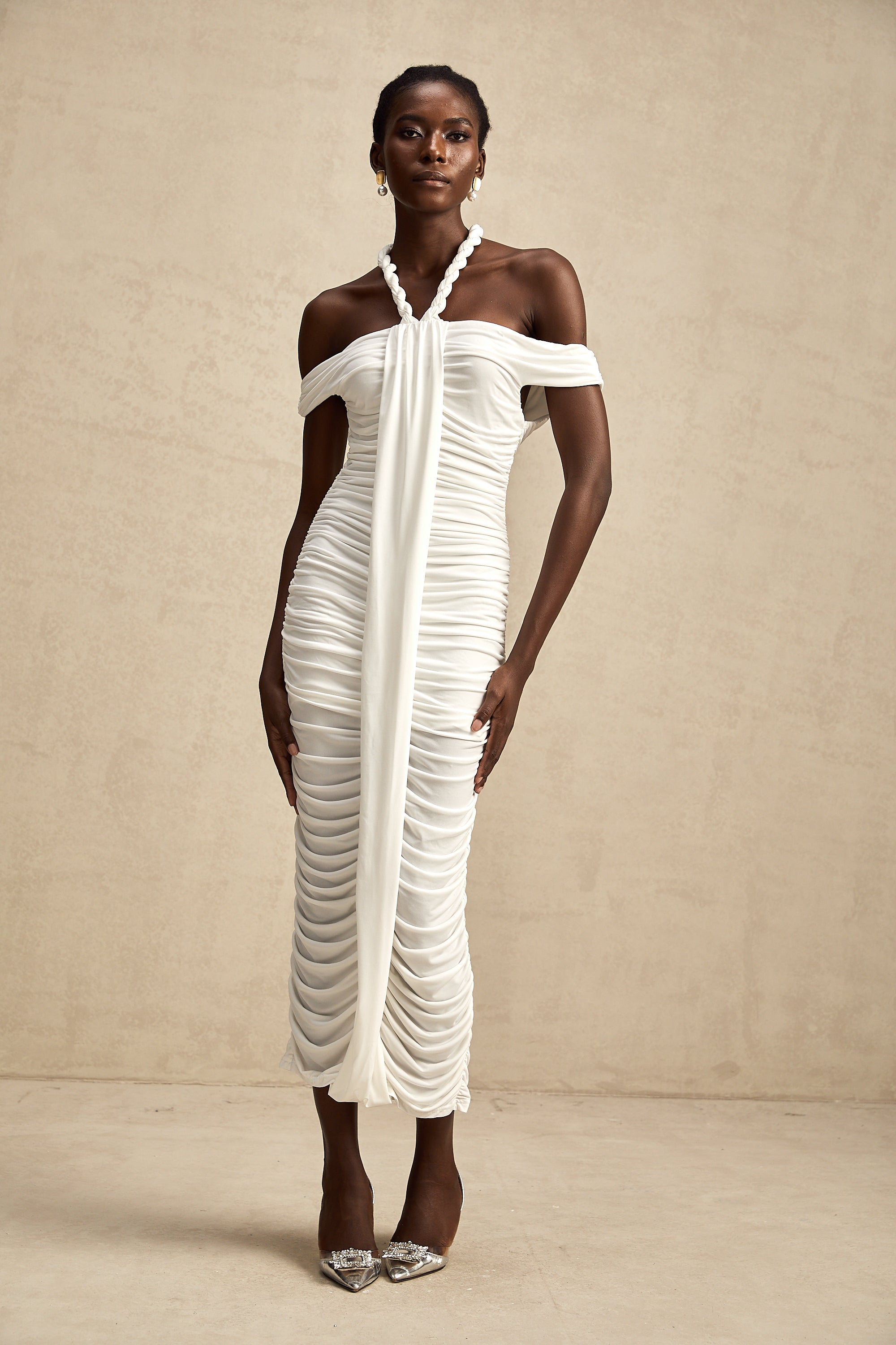 Émeline white braided rope-detail midi dress