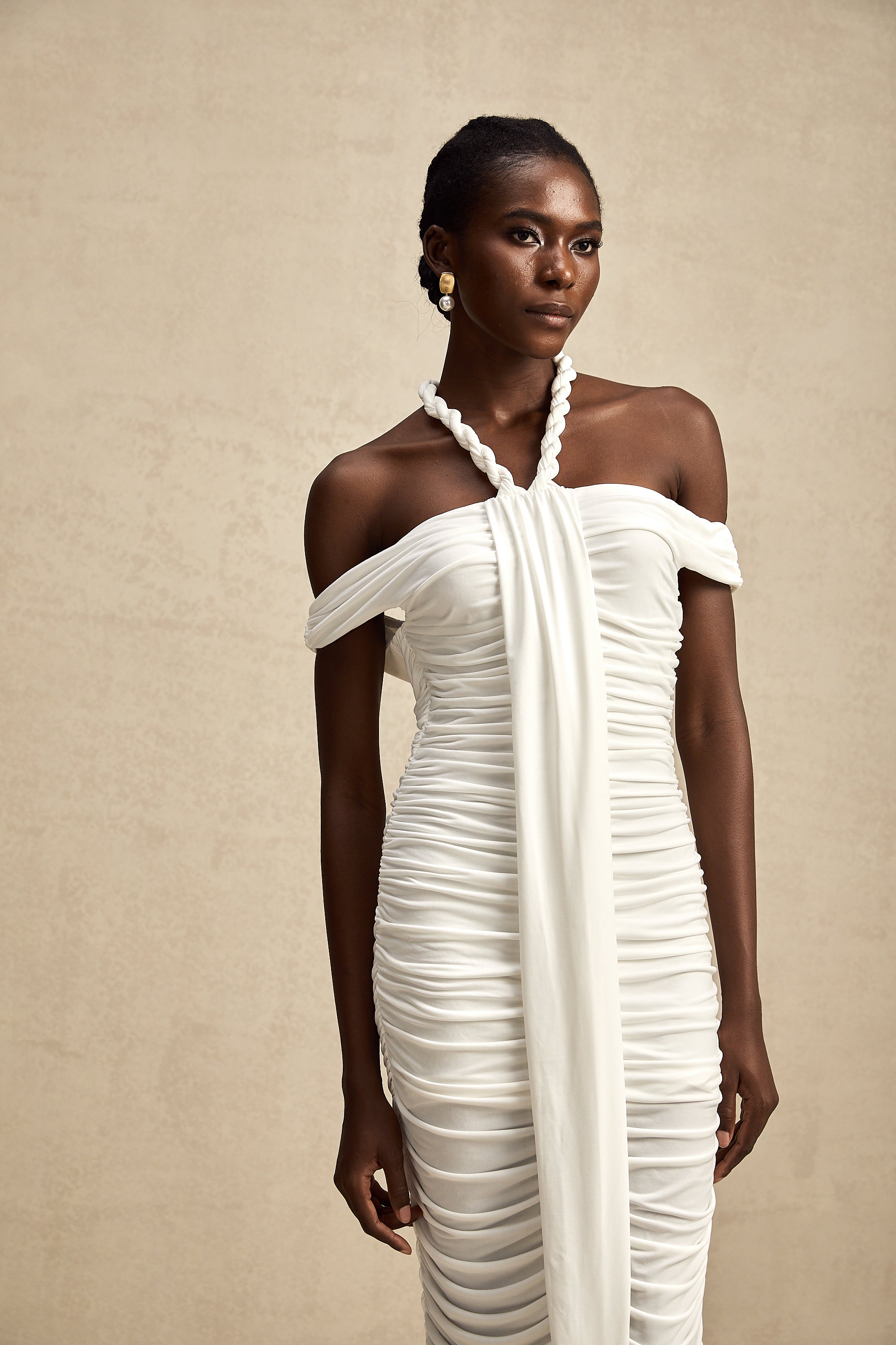 Émeline white braided rope-detail midi dress