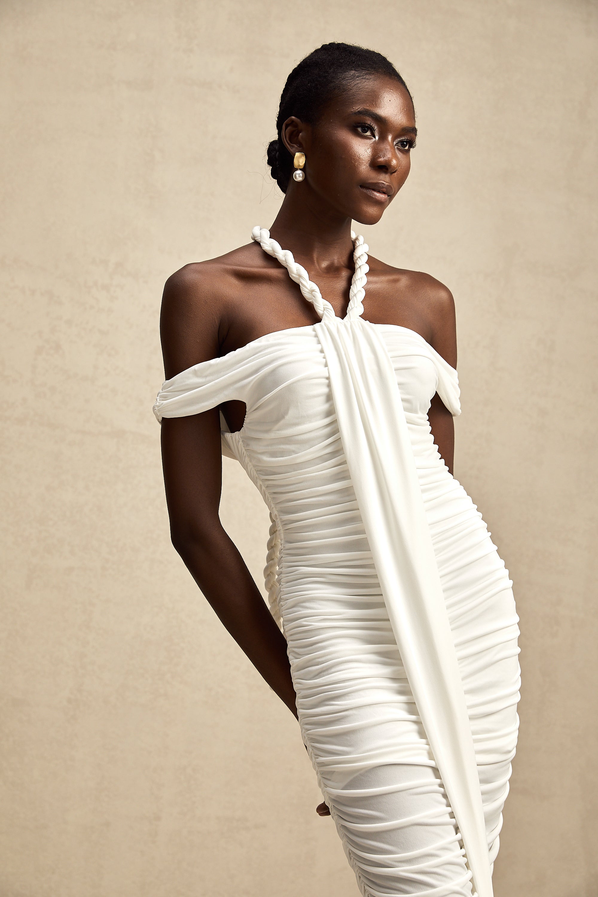 Émeline white braided rope-detail midi dress