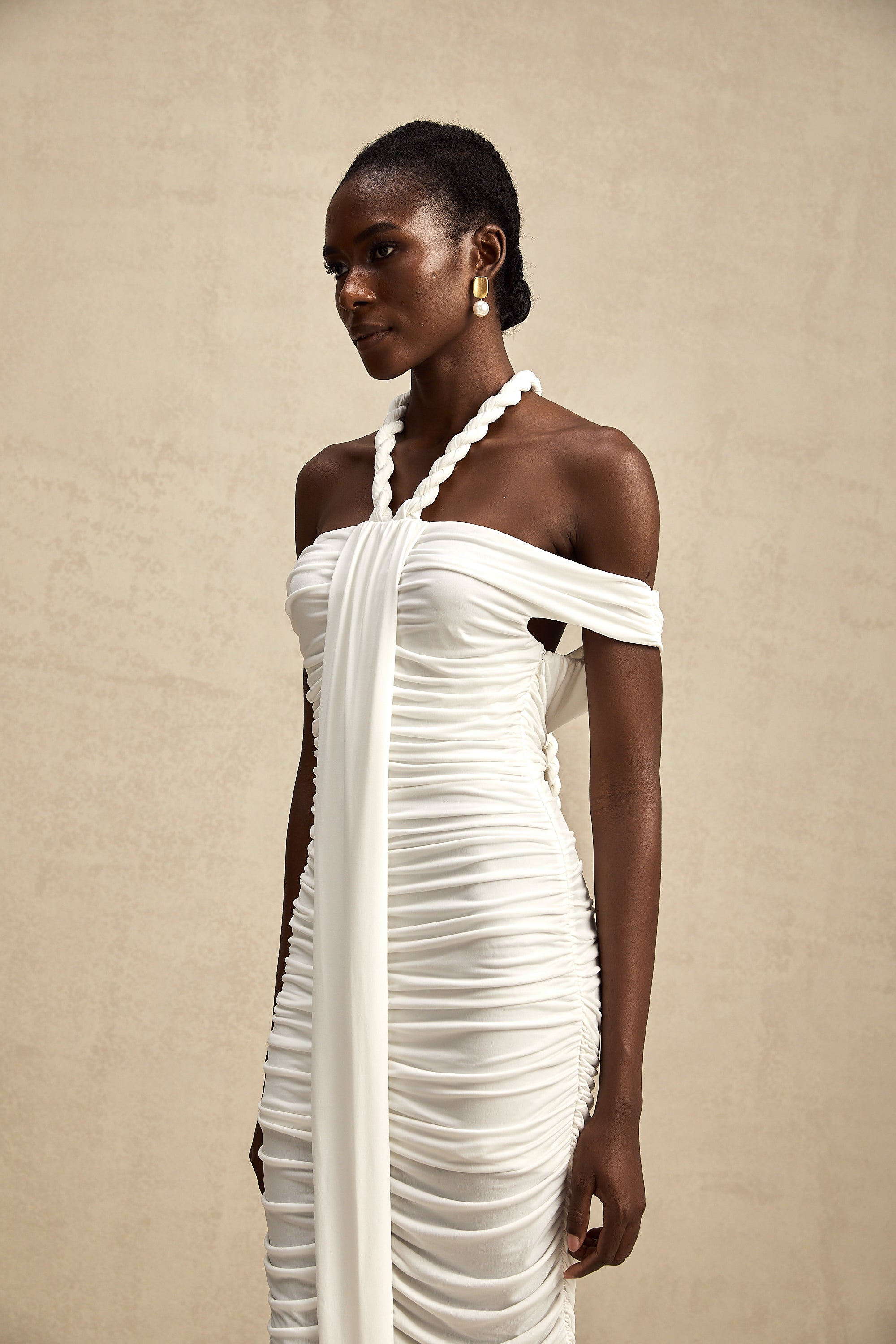 Émeline white braided rope-detail midi dress