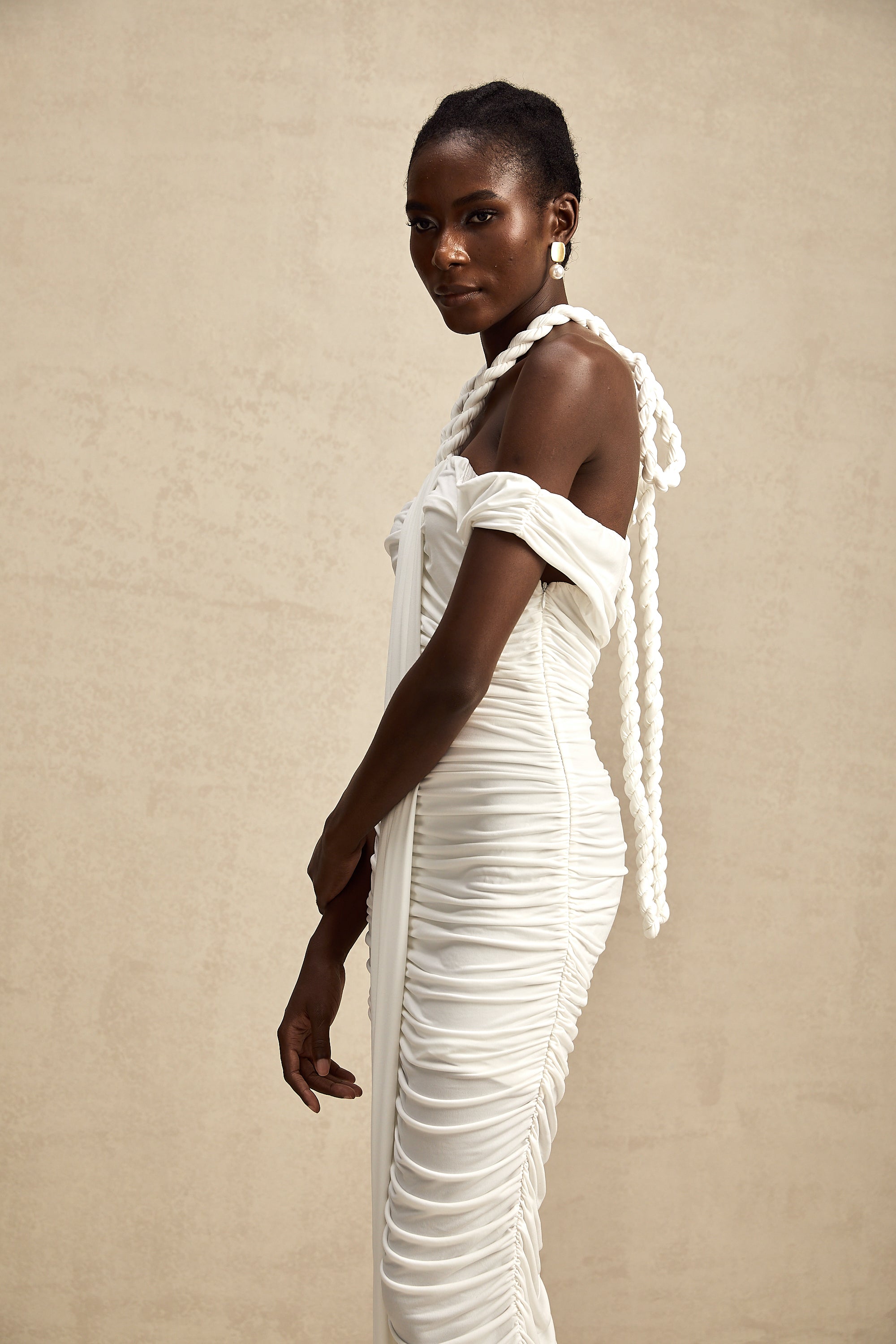 Émeline white braided rope-detail midi dress